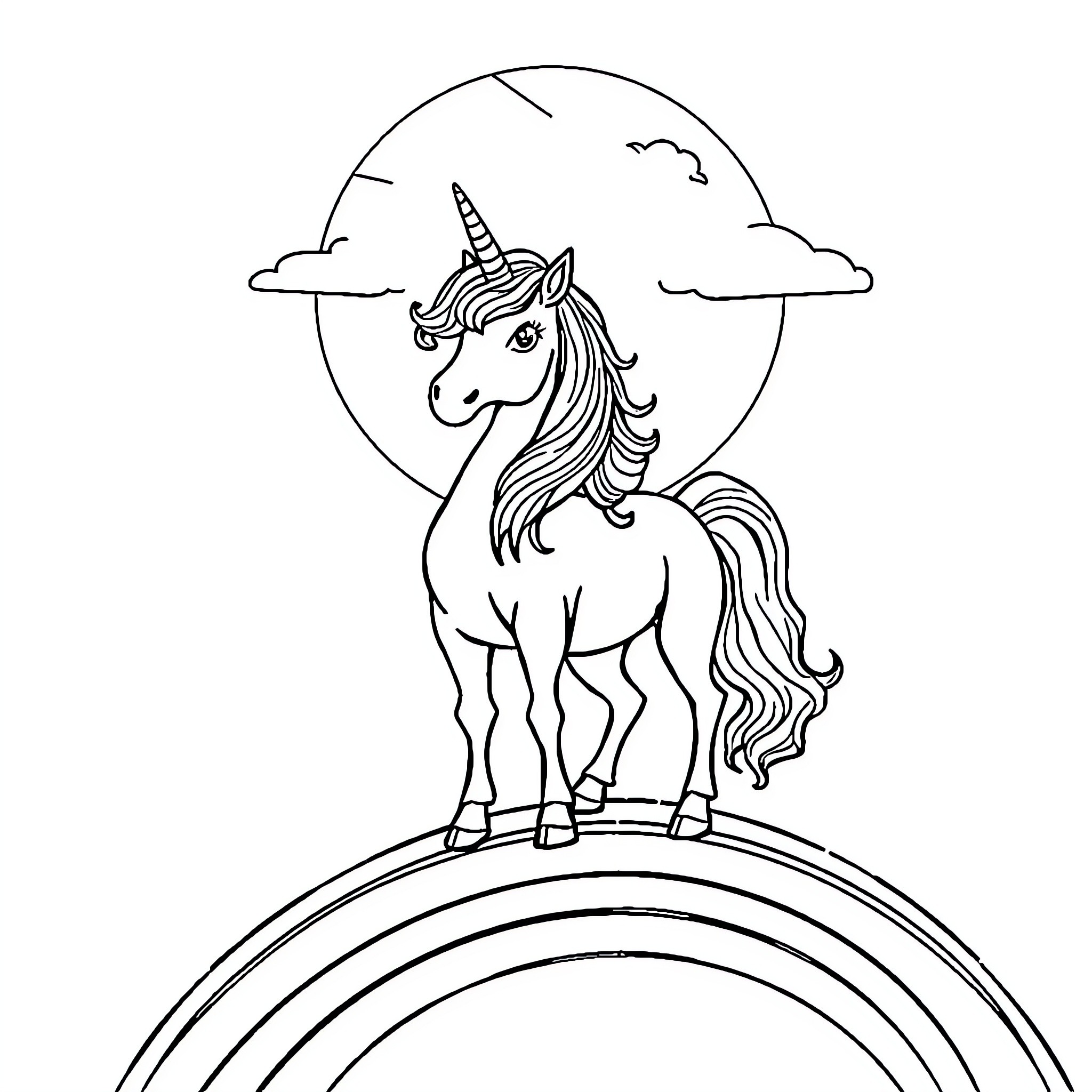 Unicorn standing proudly on a rainbow Coloring Page (free black-and-white line drawing printable PDF for all, from beginners to advanced learners, including children, teens, adults, and seniors)