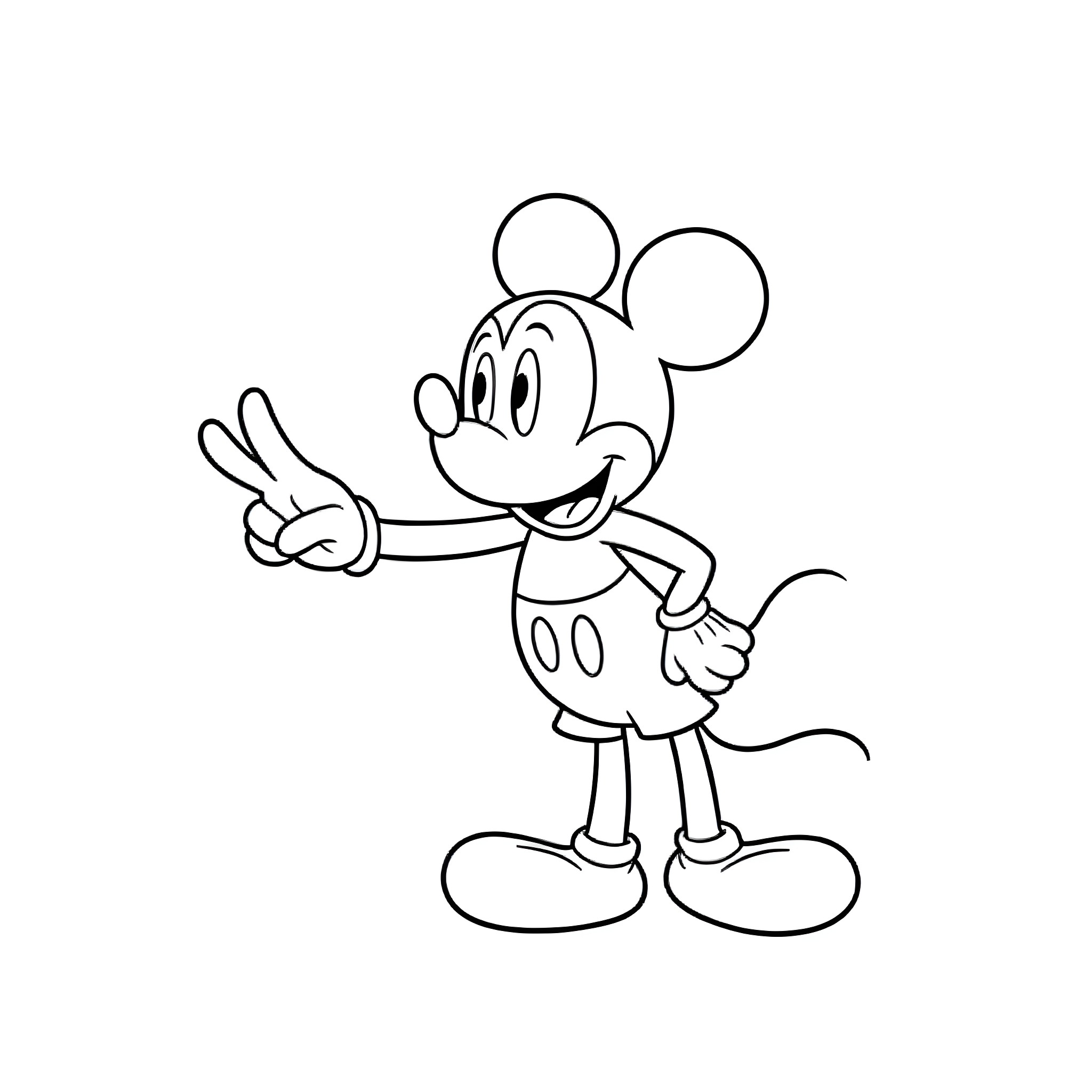 Mickey Mouse making a peace gesture Coloring Page (free black-and-white line drawing printable PDF for all, from beginners to advanced learners, including children, teens, adults, and seniors)