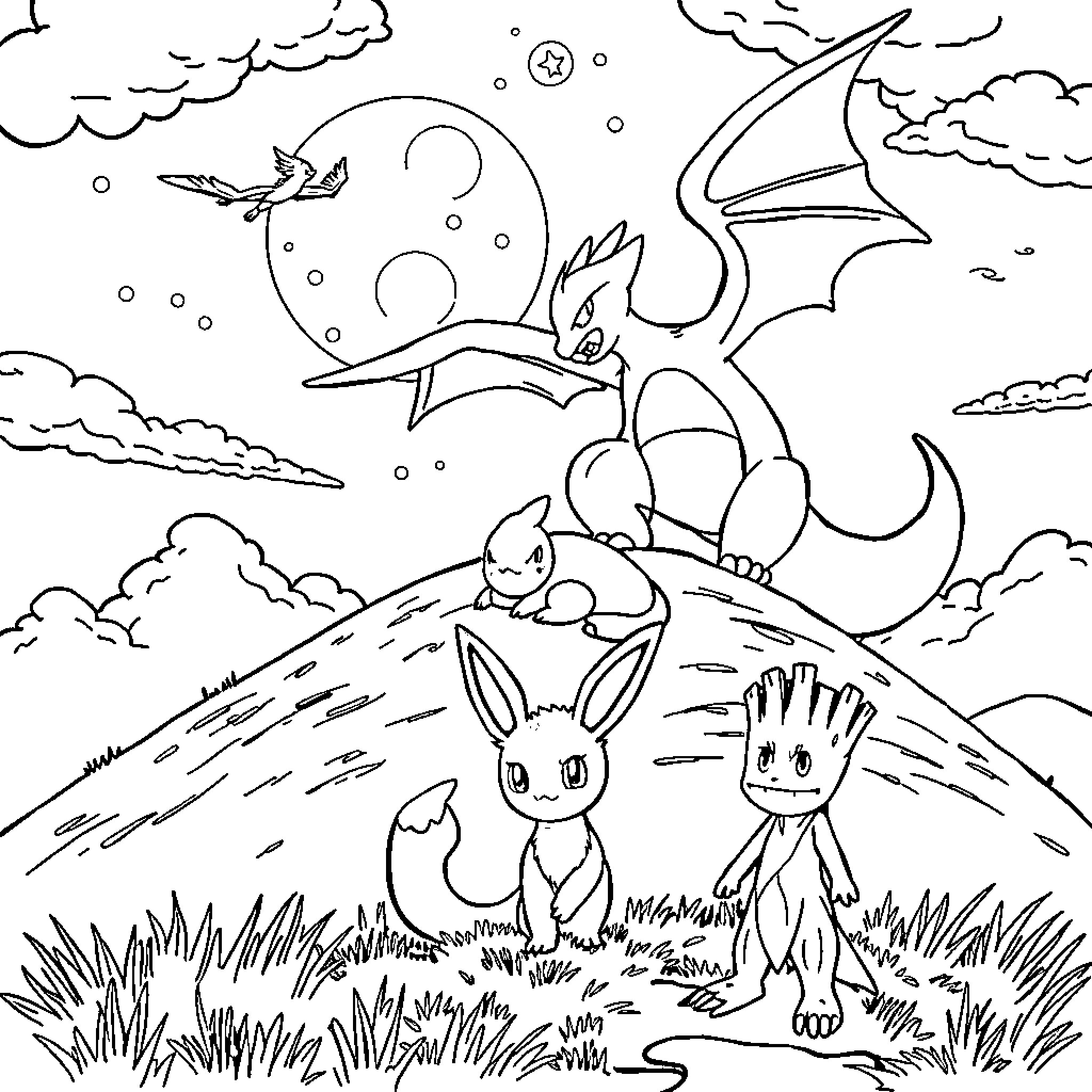 Pokémon characters in a whimsical fantasy landscape Coloring Page (free black-and-white line drawing printable PDF for all, from beginners to advanced learners, including children, teens, adults, and seniors)