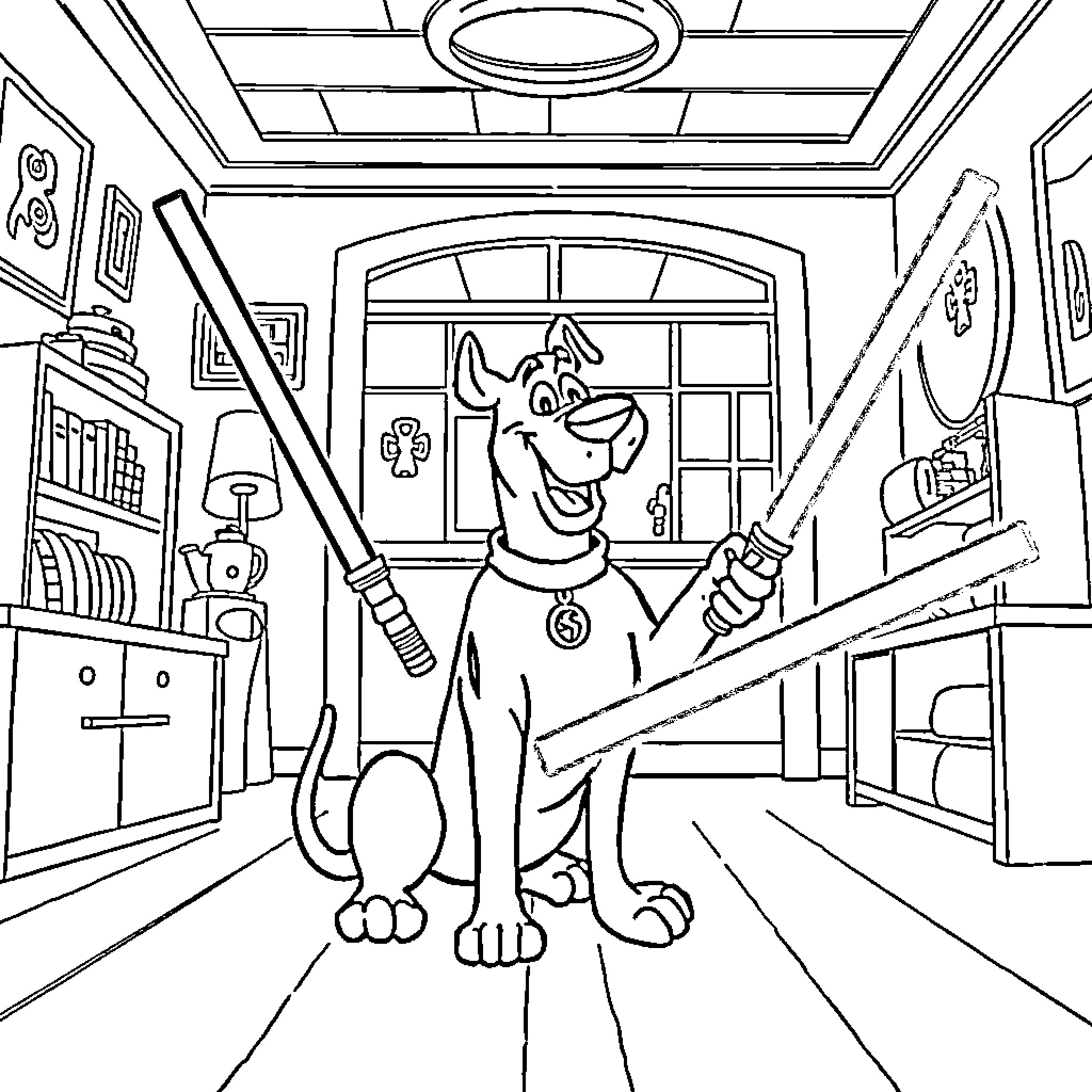Scooby Doo Explores the Mystery-Filled Headquarters Coloring Page (free black-and-white line drawing printable PDF for all, from beginners to advanced learners, including children, teens, adults, and seniors)