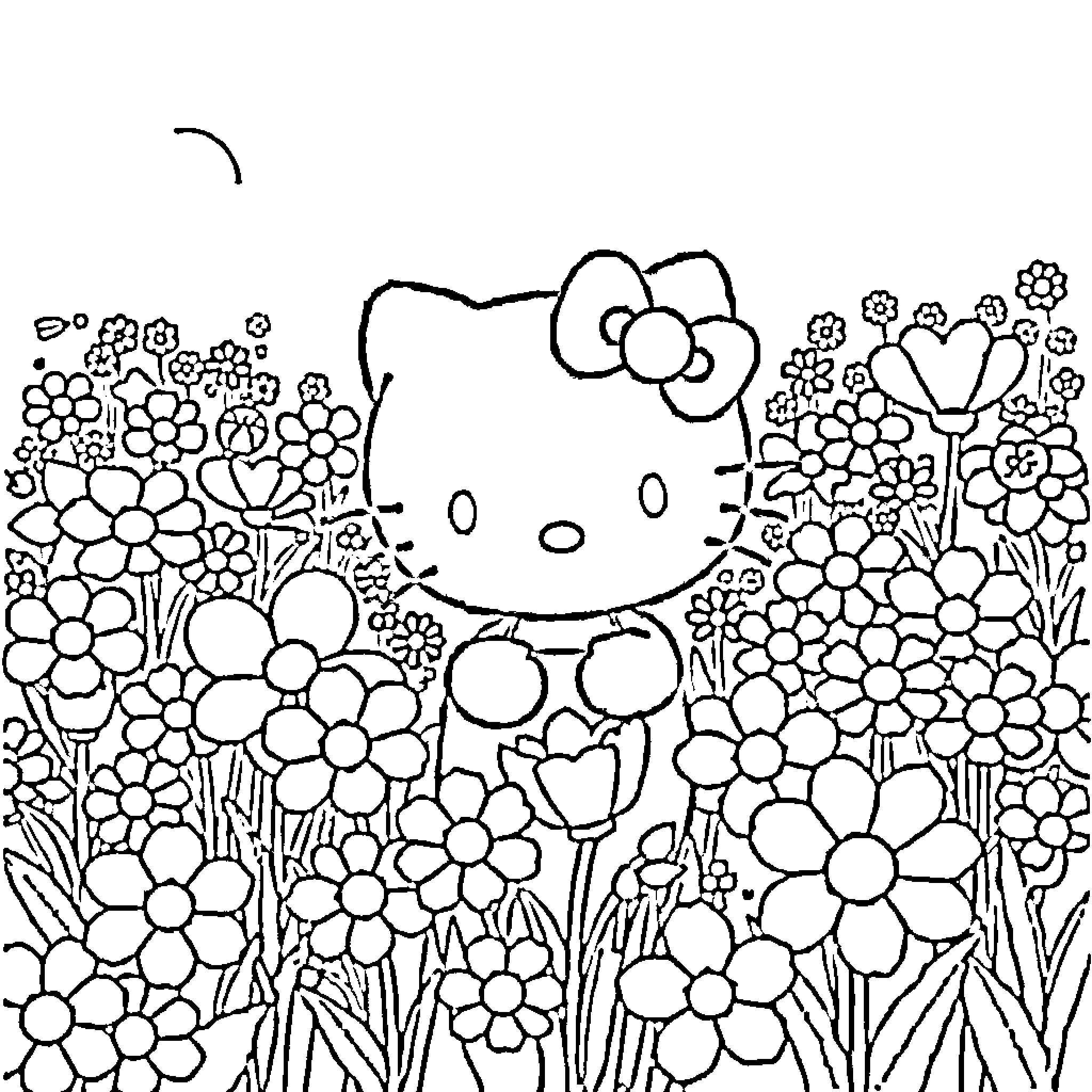 Hello Kitty playing in a floral garden Coloring Page (free black-and-white line drawing printable PDF for all, from beginners to advanced learners, including children, teens, adults, and seniors)