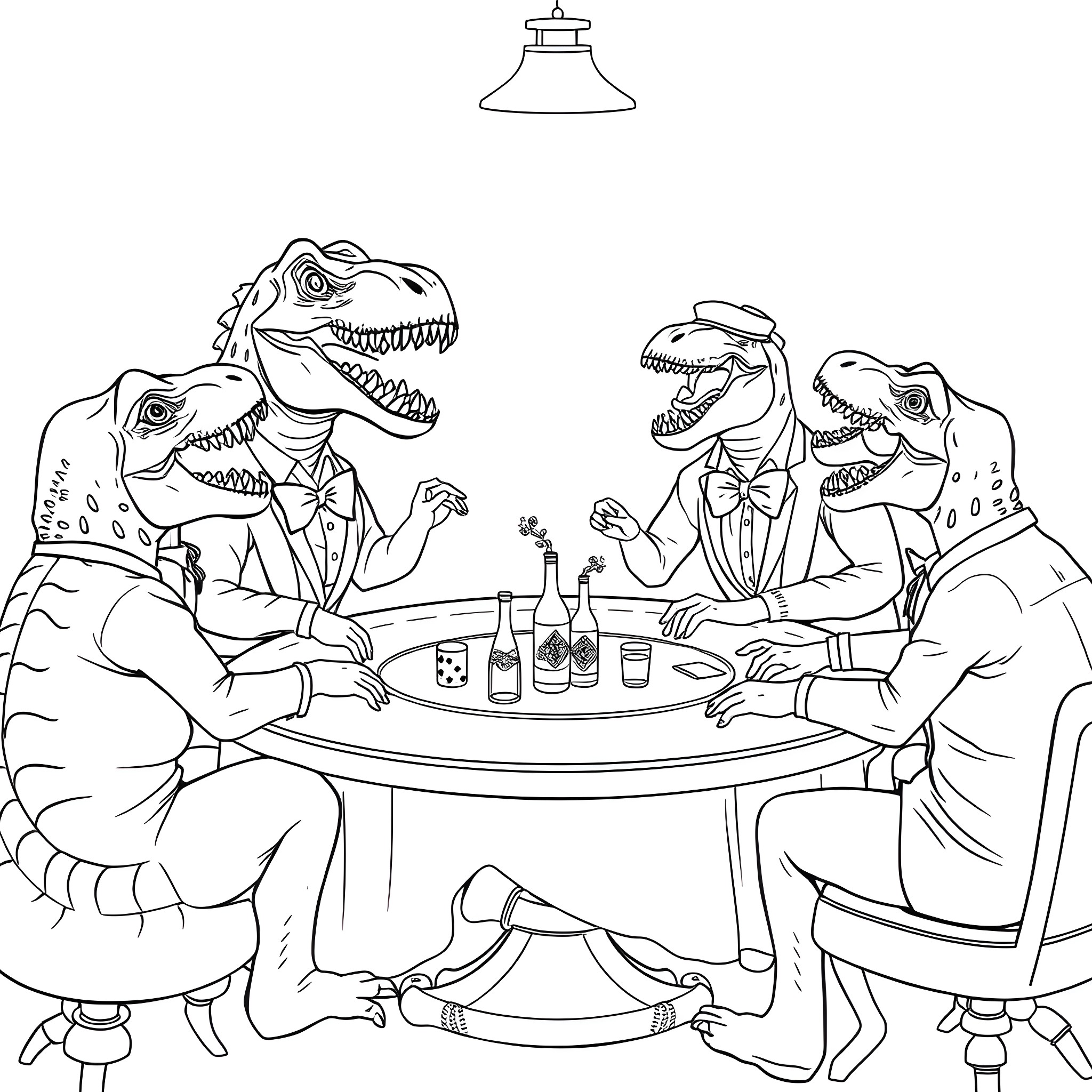 Dinosaurs playing a board game and drinking Coloring Page (free black-and-white line drawing printable PDF for all, from beginners to advanced learners, including children, teens, adults, and seniors)