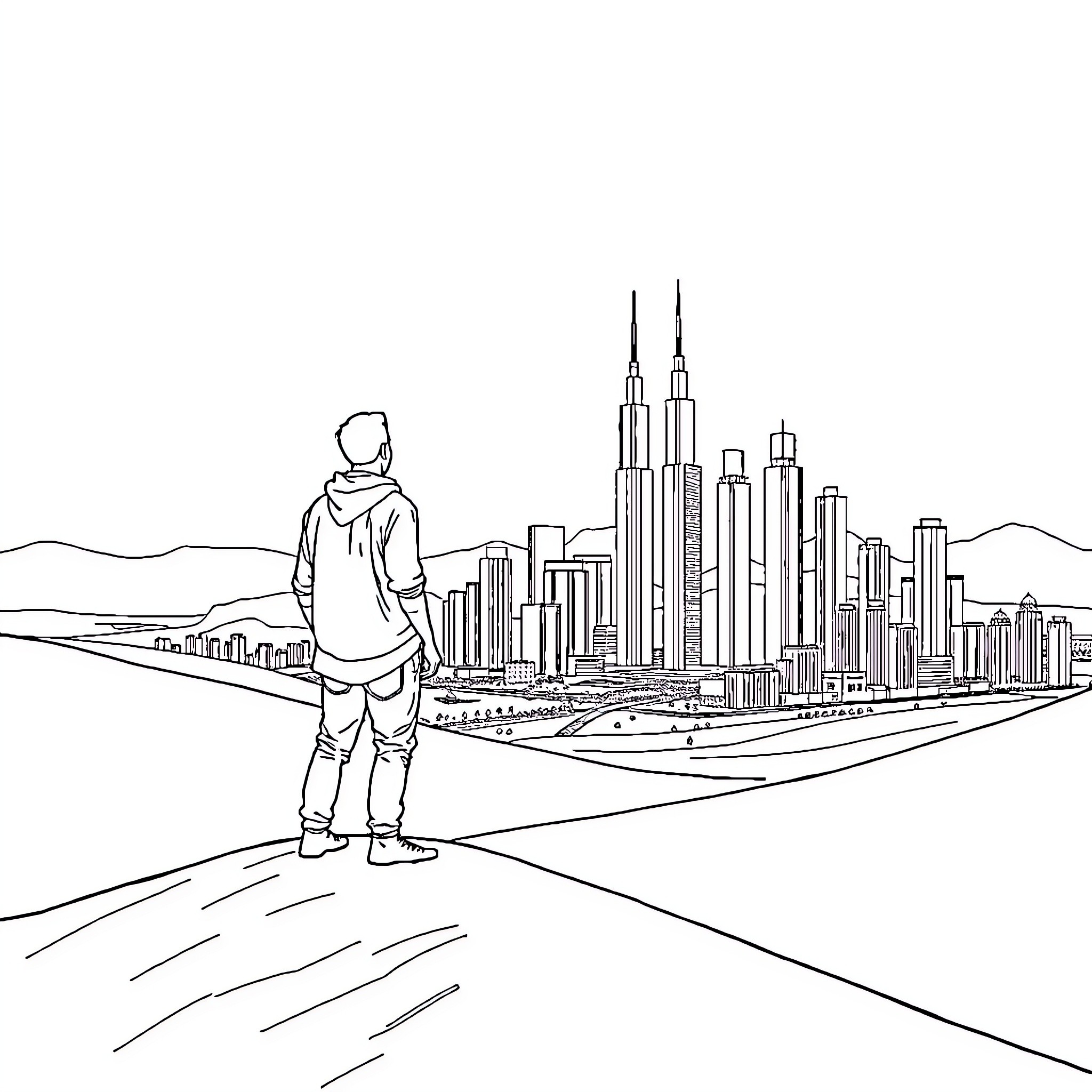 Man overlooking futuristic city skyline Coloring Page (free black-and-white line drawing printable PDF for all, from beginners to advanced learners, including children, teens, adults, and seniors)