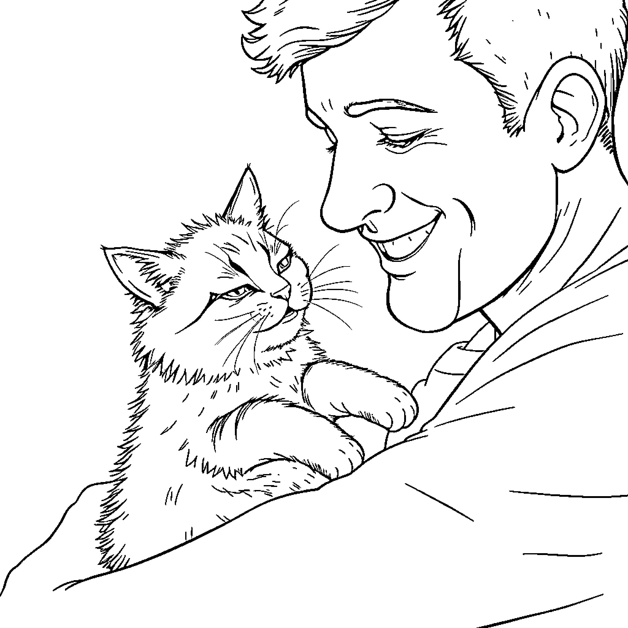 Cat enjoying friendly cuddle with human Coloring Page (free black-and-white line drawing printable PDF for all, from beginners to advanced learners, including children, teens, adults, and seniors)