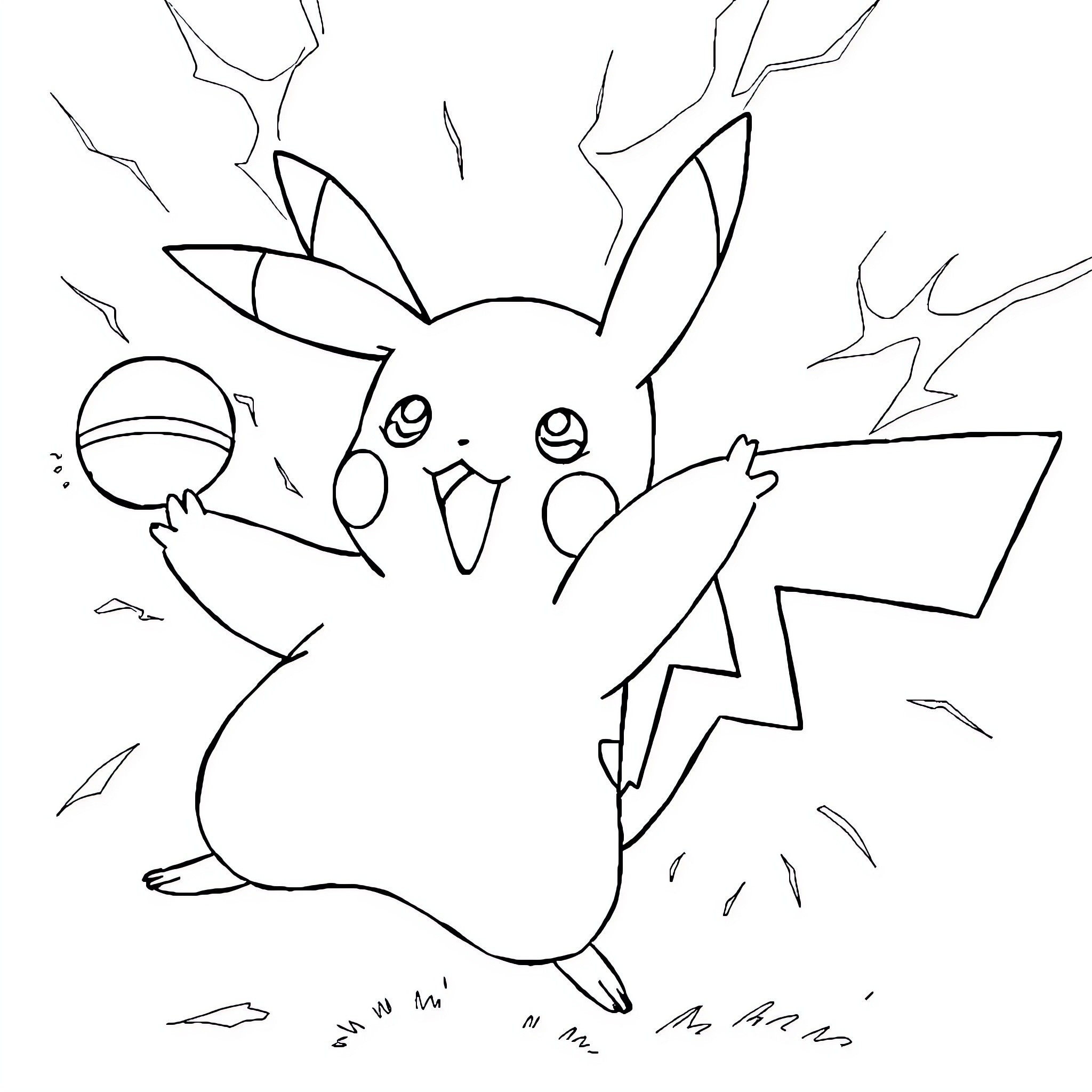 Pikachu using electric attack in a thunderstorm Coloring Page (free black-and-white line drawing printable PDF for all, from beginners to advanced learners, including children, teens, adults, and seniors)