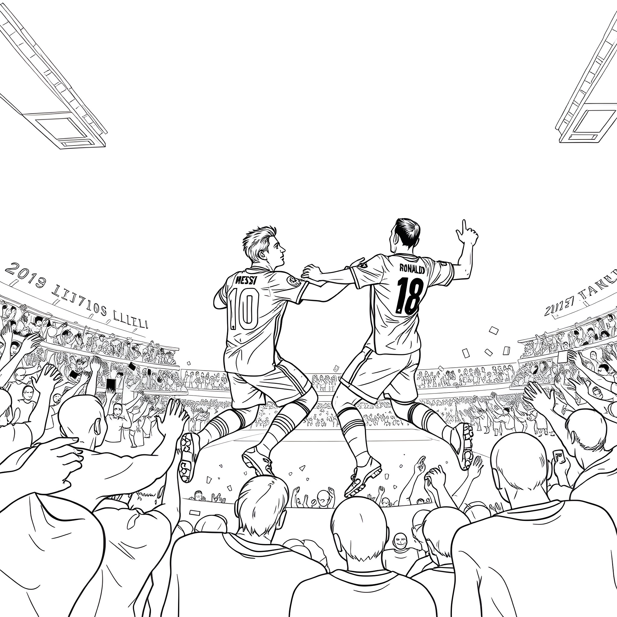 Messi and teammate celebrate victory on the field Coloring Page (free black-and-white line drawing printable PDF for all, from beginners to advanced learners, including children, teens, adults, and seniors)