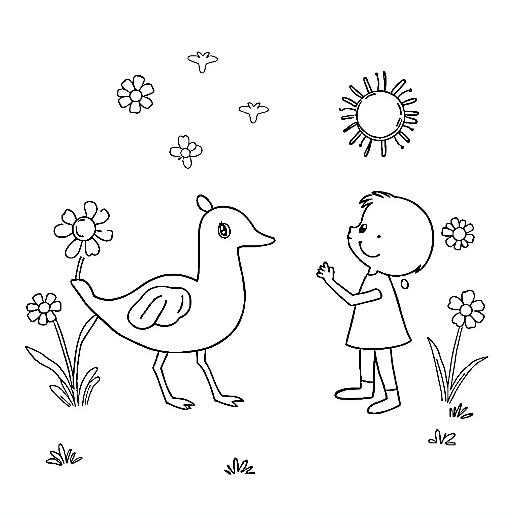 Easy Playful Outing with Whimsical Creatures Coloring Page (free black-and-white line drawing printable PDF for all, from beginners to advanced learners, including children, teens, adults, and seniors)