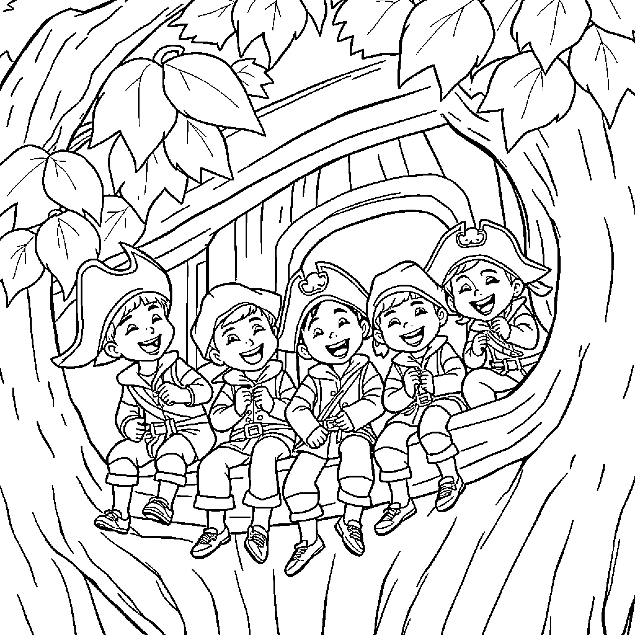 Boy Scouts Enjoying a Ride in the Woods Coloring Page (free black-and-white line drawing printable PDF for all, from beginners to advanced learners, including children, teens, adults, and seniors)