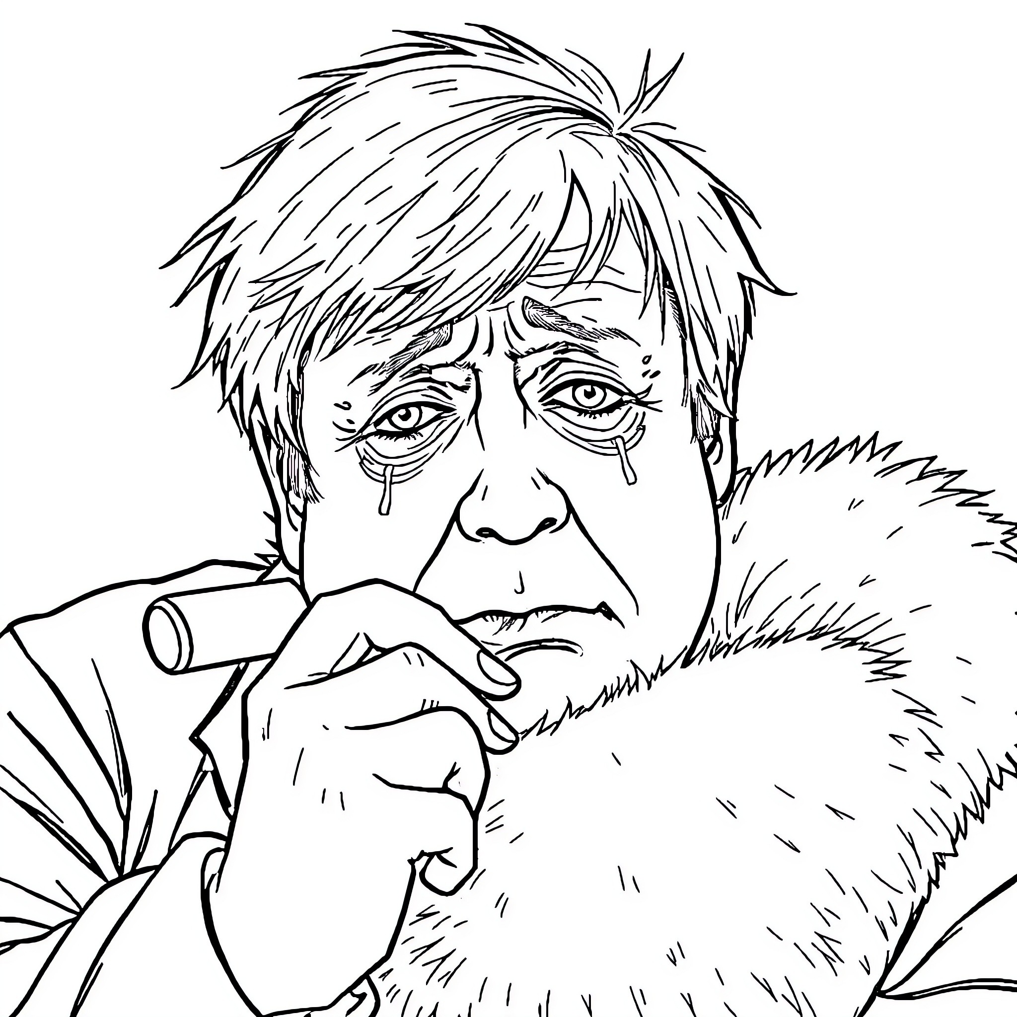 Boris Johnson looking distraught with unkempt appearance Coloring Page (free black-and-white line drawing printable PDF for all, from beginners to advanced learners, including children, teens, adults, and seniors)
