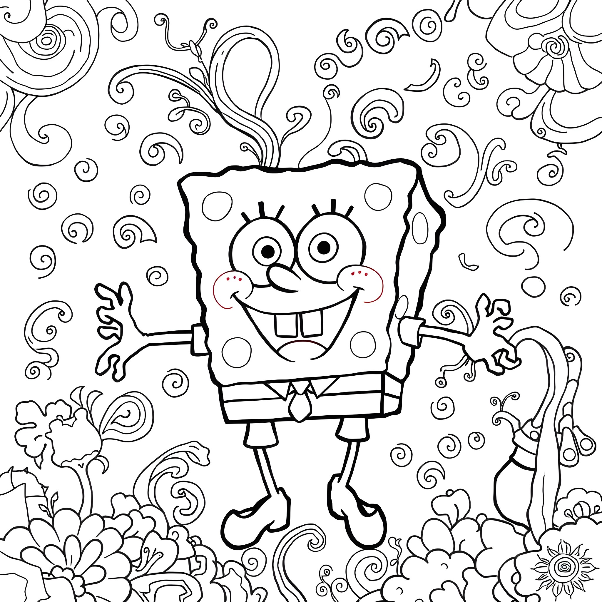 Spongebob in a whimsical and playful scene Coloring Page (free black-and-white line drawing printable PDF for all, from beginners to advanced learners, including children, teens, adults, and seniors)