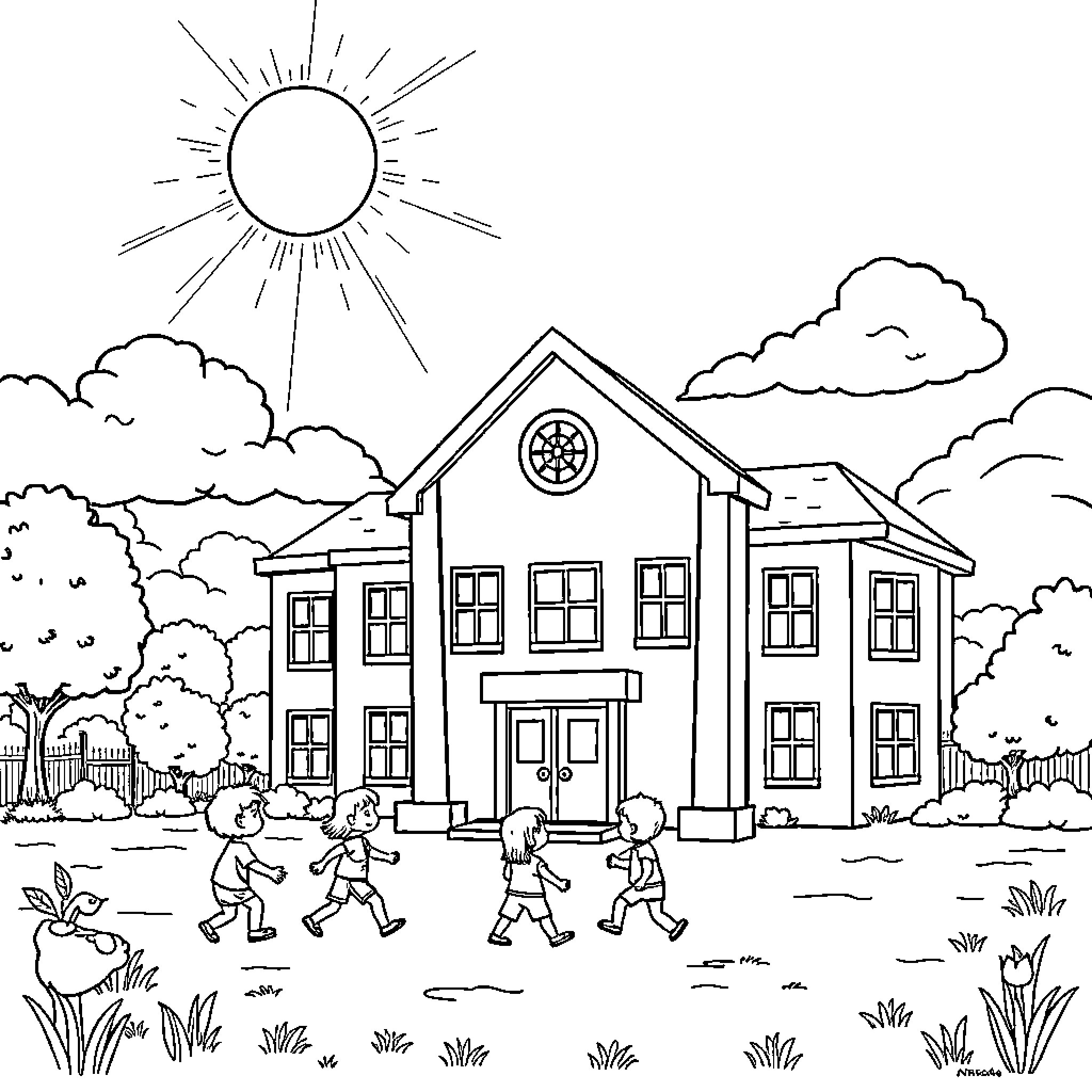 School Children Playing Outdoors on Sunny Day Coloring Page (free black-and-white line drawing printable PDF for all, from beginners to advanced learners, including children, teens, adults, and seniors)