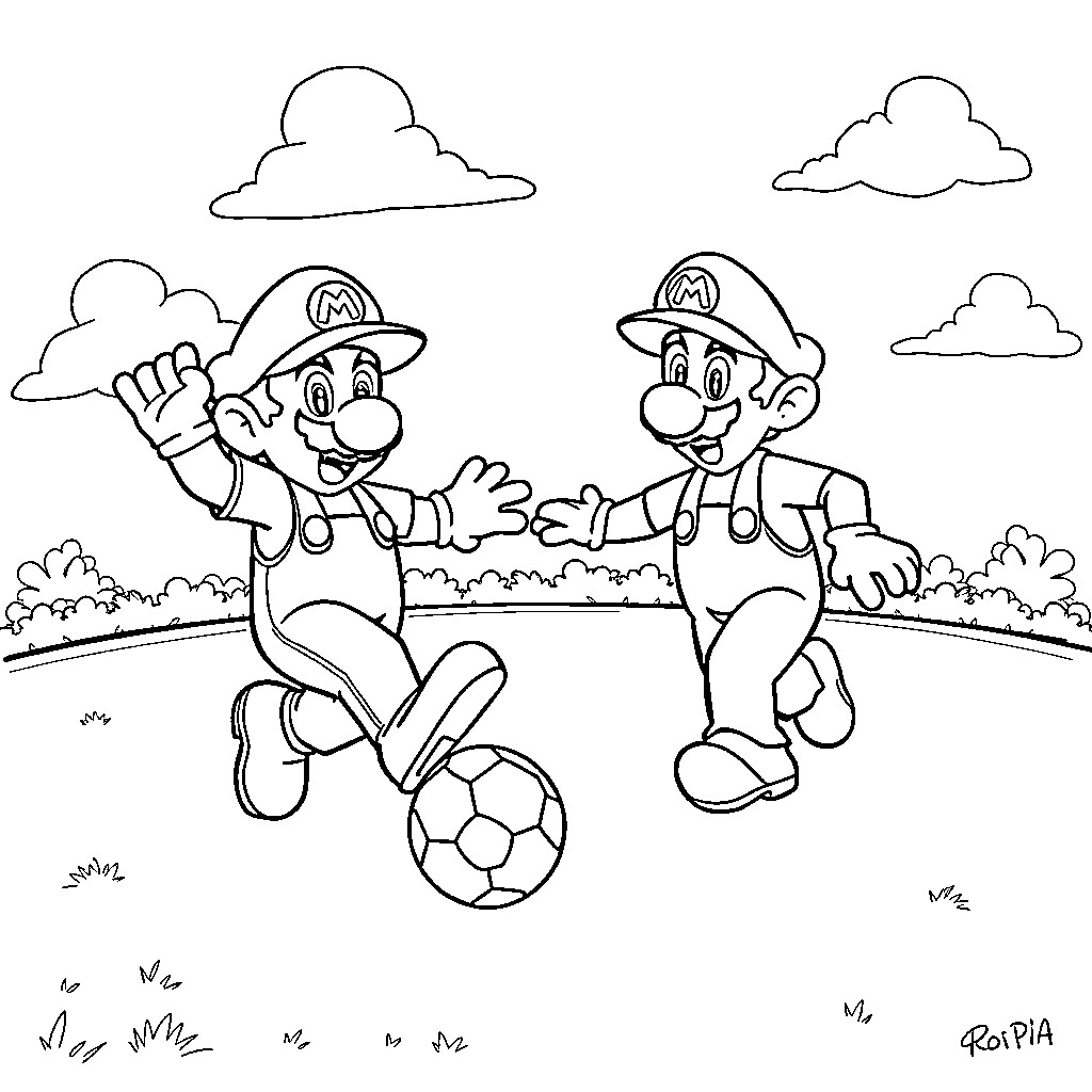 Mario and Luigi playing soccer in the park Coloring Page (free black-and-white line drawing printable PDF for all, from beginners to advanced learners, including children, teens, adults, and seniors)