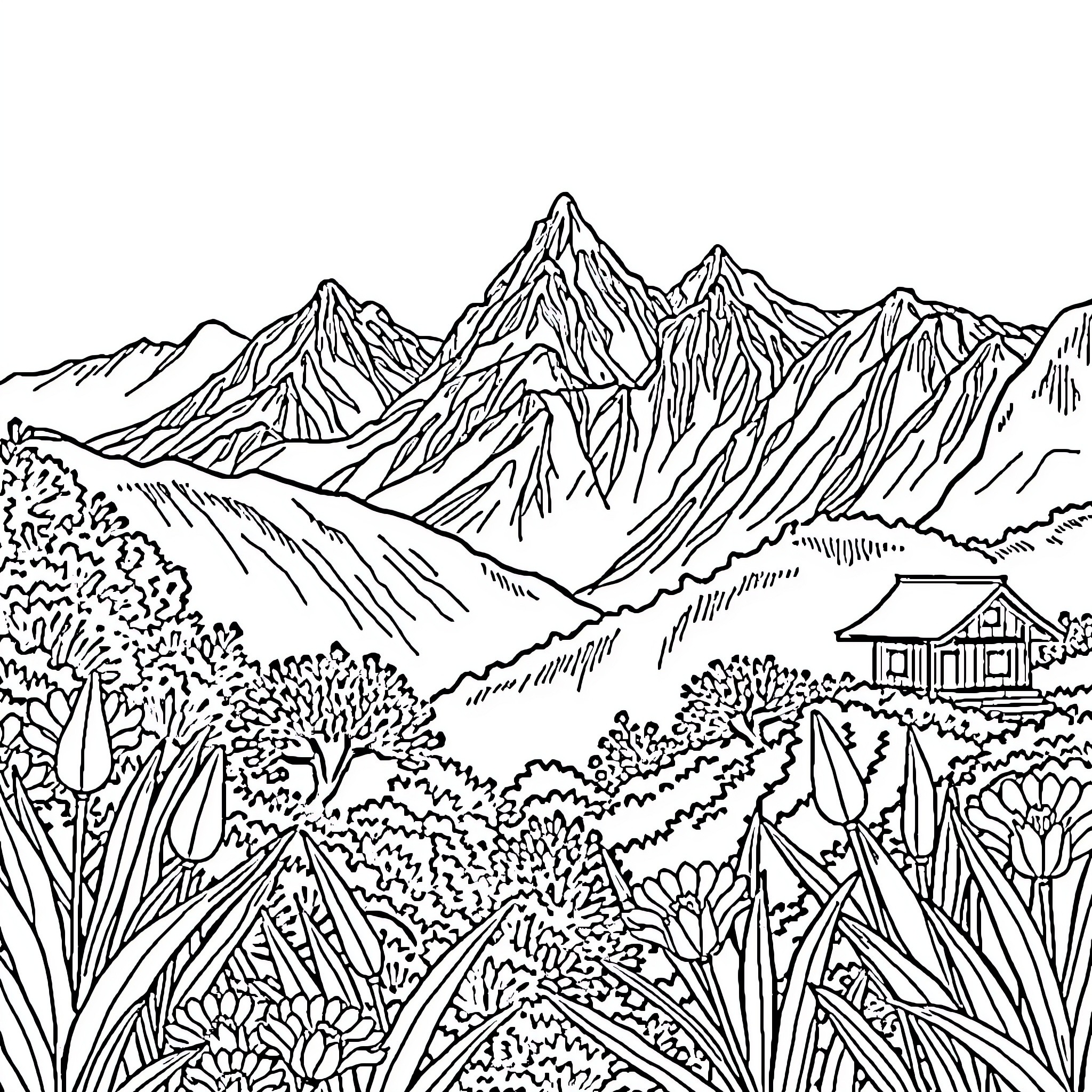 Asian Landscape with Mountainous Scenery and Rural Cabin Coloring Page (free black-and-white line drawing printable PDF for all, from beginners to advanced learners, including children, teens, adults, and seniors)