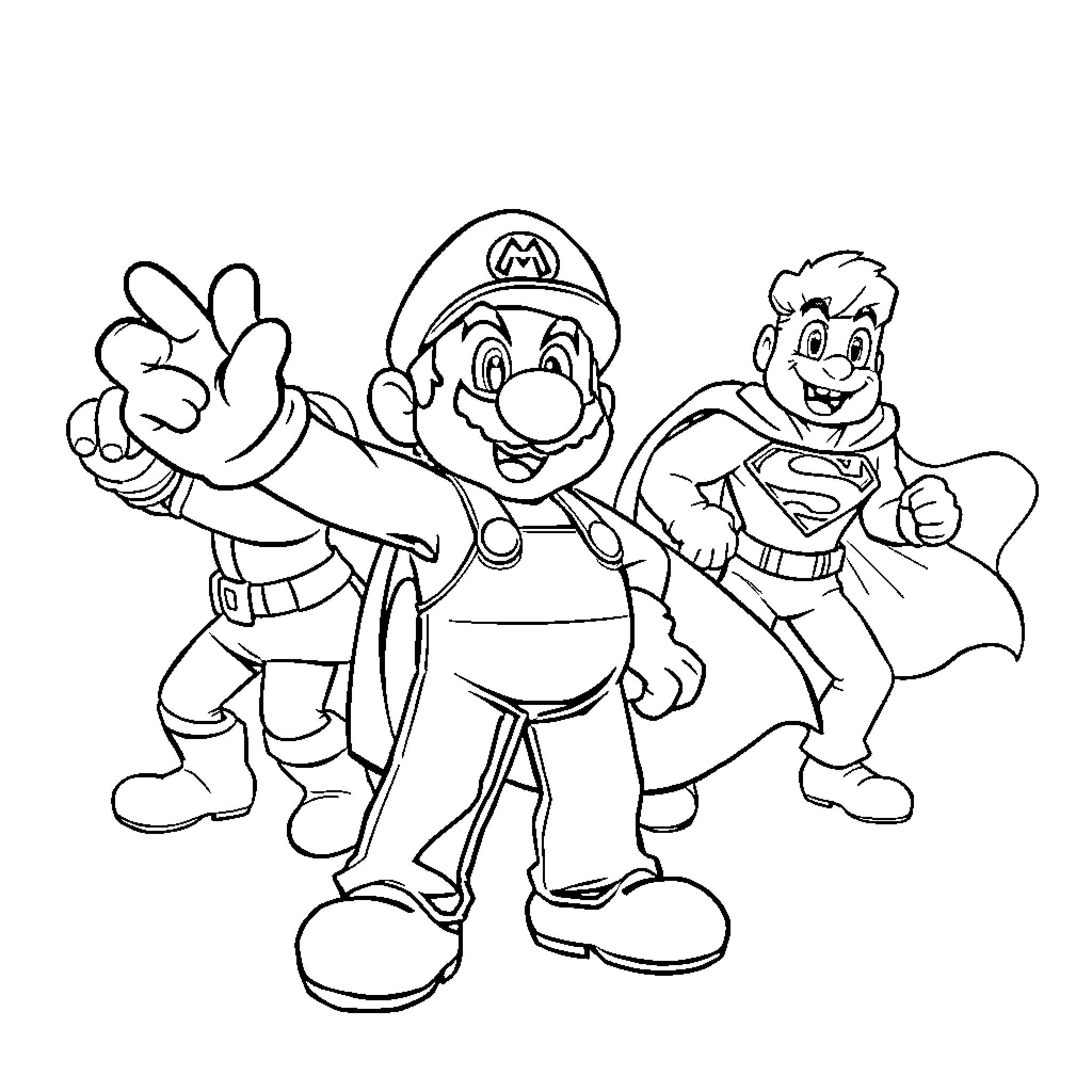 Super Mario Heroes Saving the Day Coloring Page (free black-and-white line drawing printable PDF for all, from beginners to advanced learners, including children, teens, adults, and seniors)