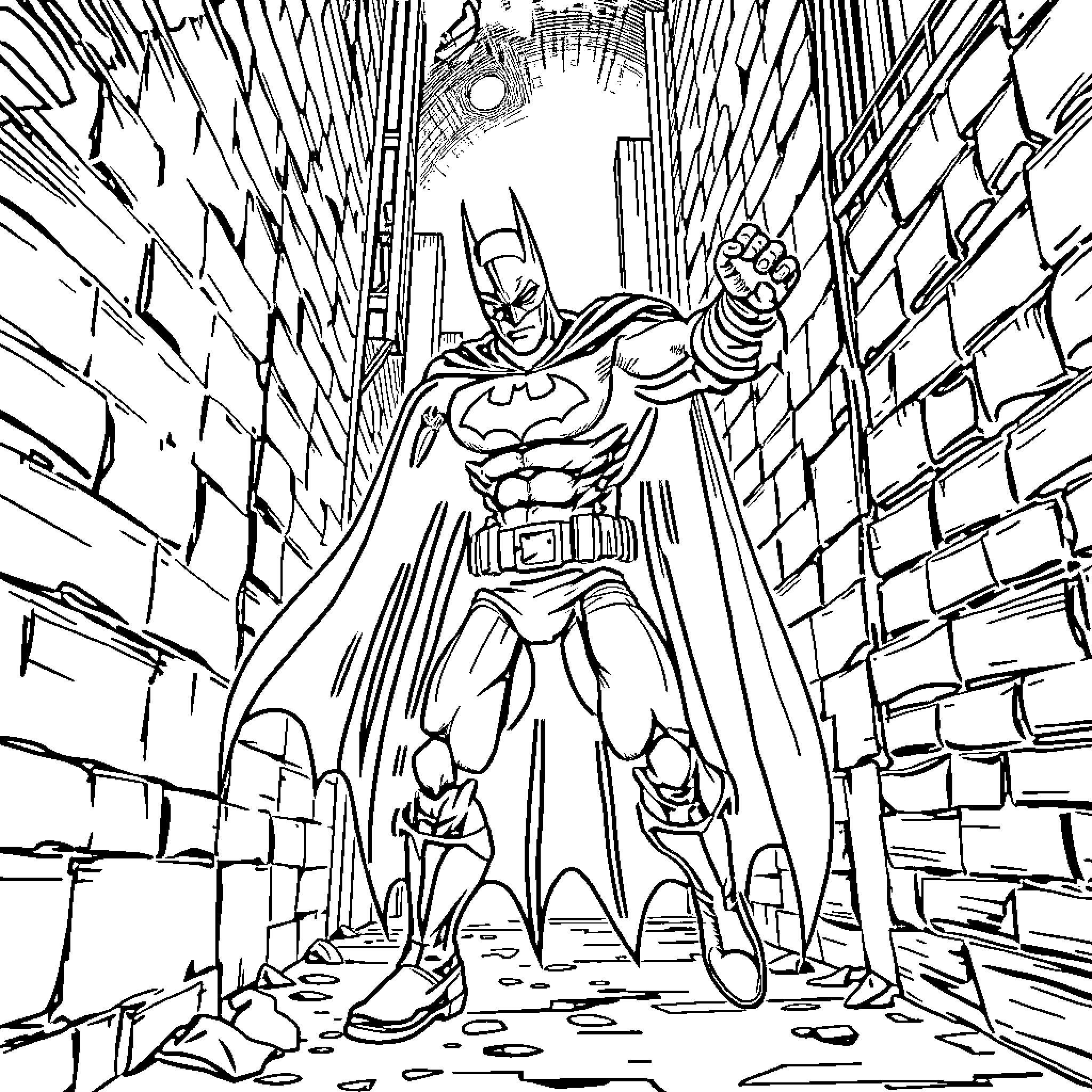 Batman in action-packed cityscape Coloring Page (free black-and-white line drawing printable PDF for all, from beginners to advanced learners, including children, teens, adults, and seniors)