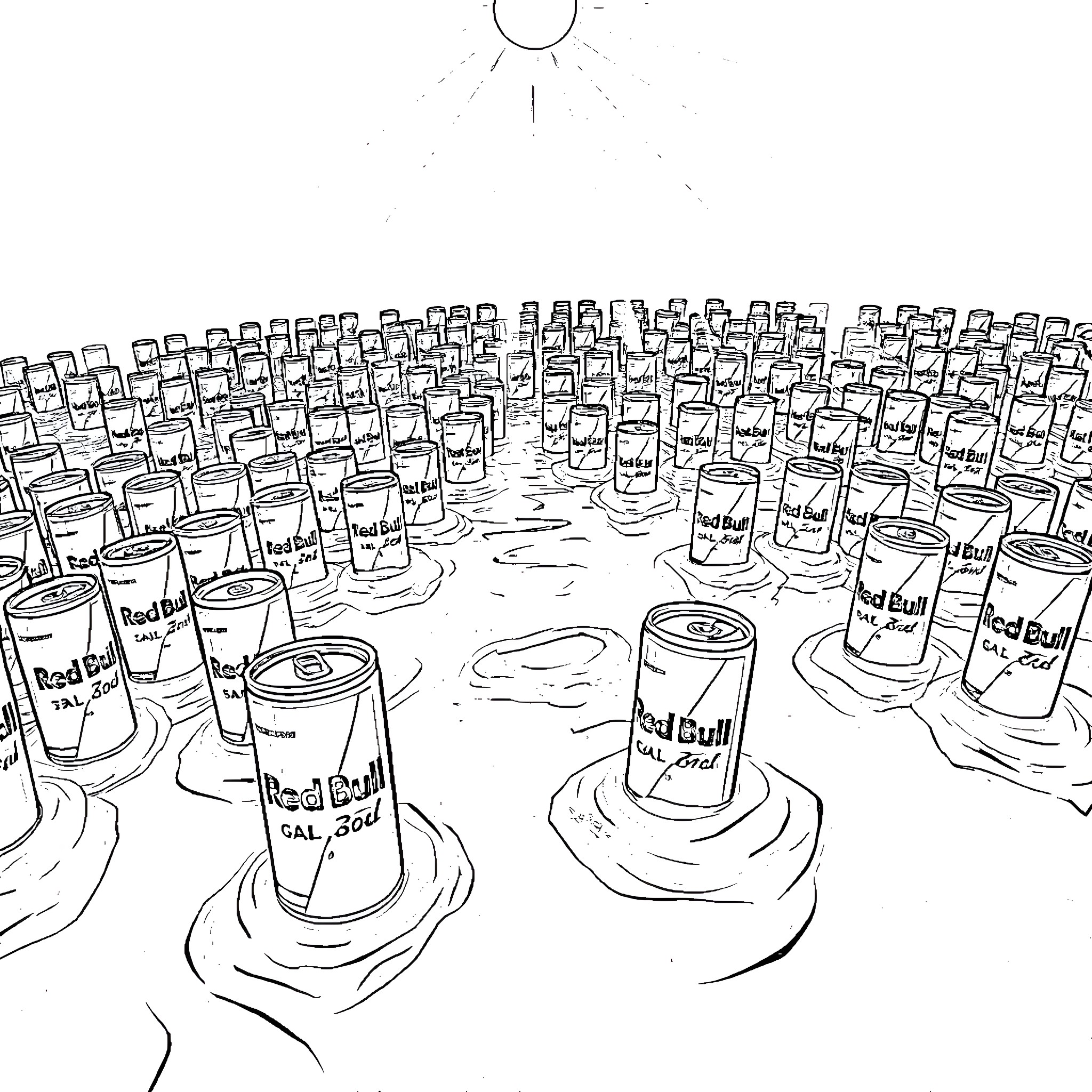 Bull Cans Scattered Across a Barren Landscape Coloring Page (free black-and-white line drawing printable PDF for all, from beginners to advanced learners, including children, teens, adults, and seniors)