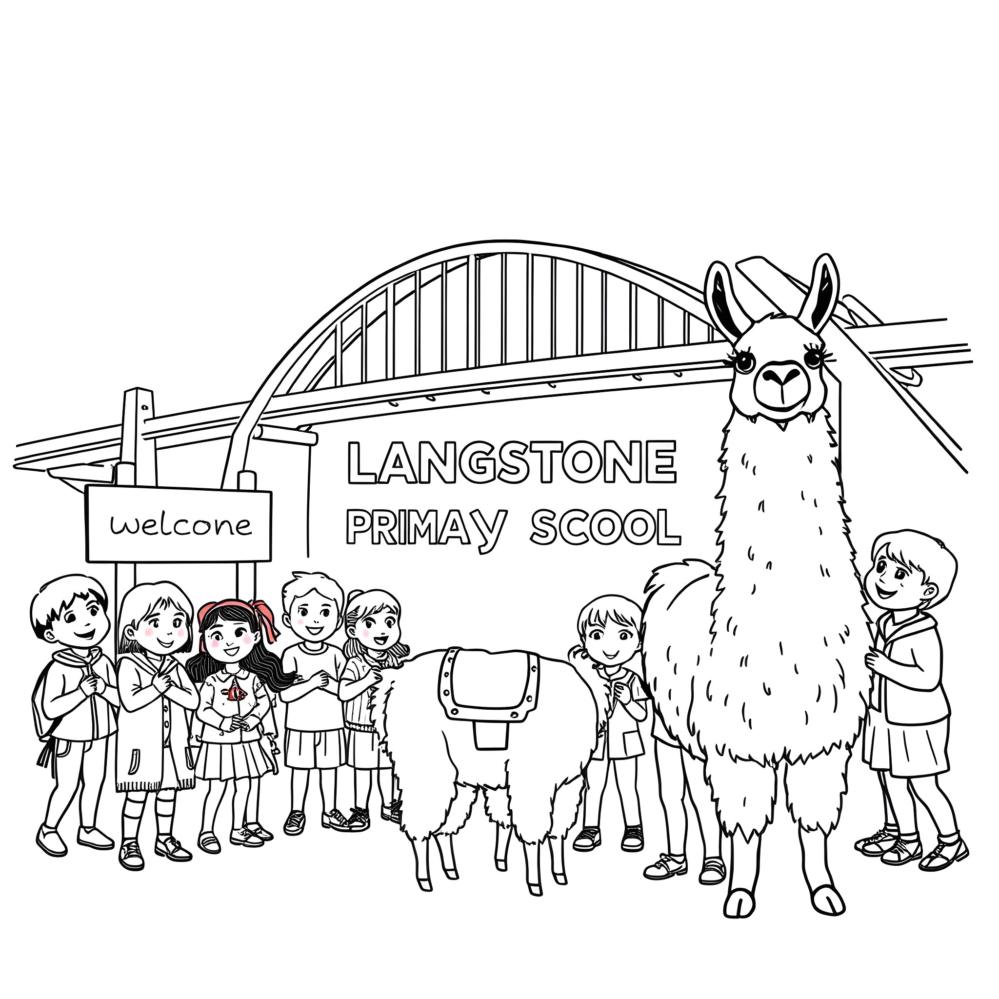 Llama welcoming students at Langstone Primary School Coloring Page (free black-and-white line drawing printable PDF for all, from beginners to advanced learners, including children, teens, adults, and seniors)
