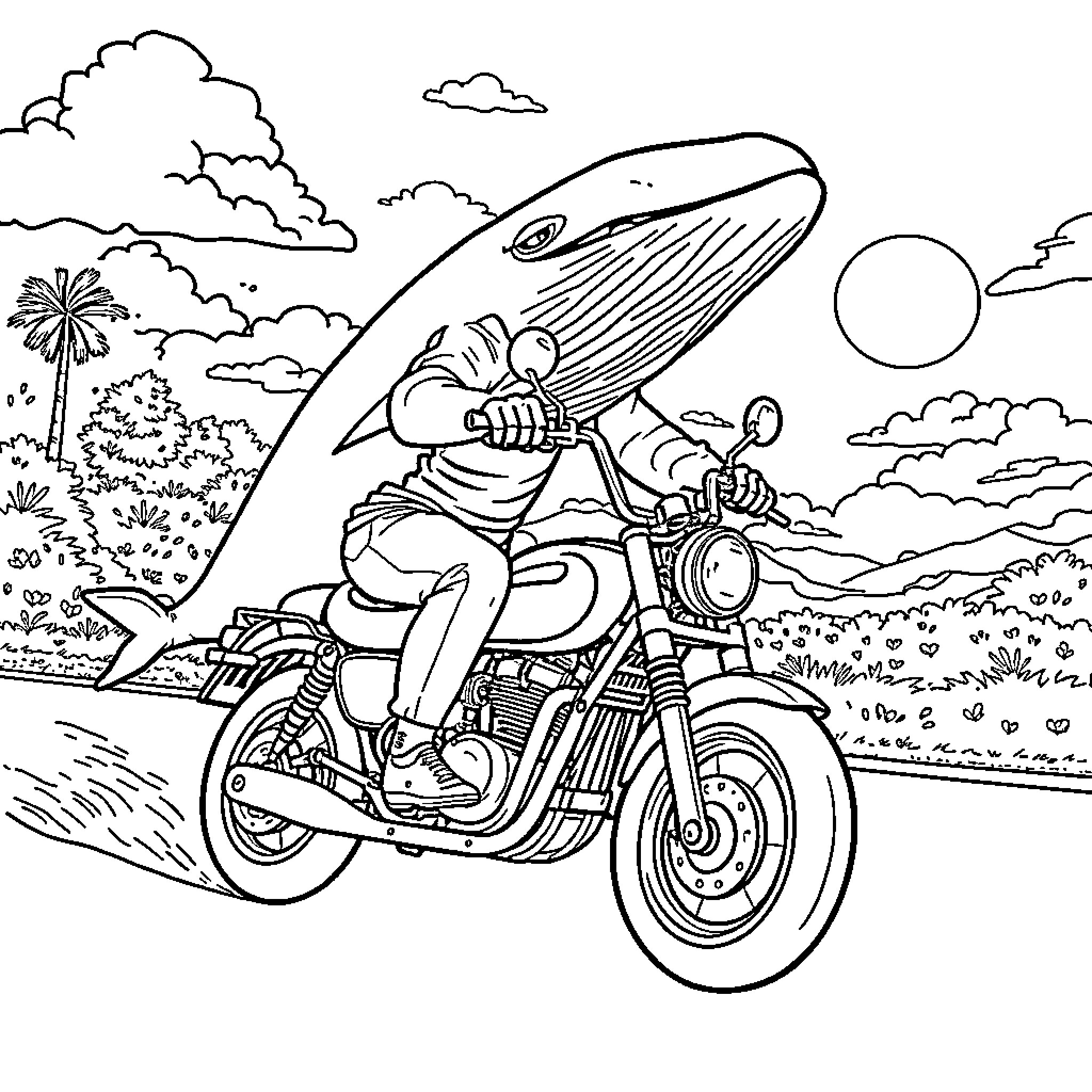 Humpback Whale riding a motorcycle through a tropical landscape Coloring Page (free black-and-white line drawing printable PDF for all, from beginners to advanced learners, including children, teens, adults, and seniors)