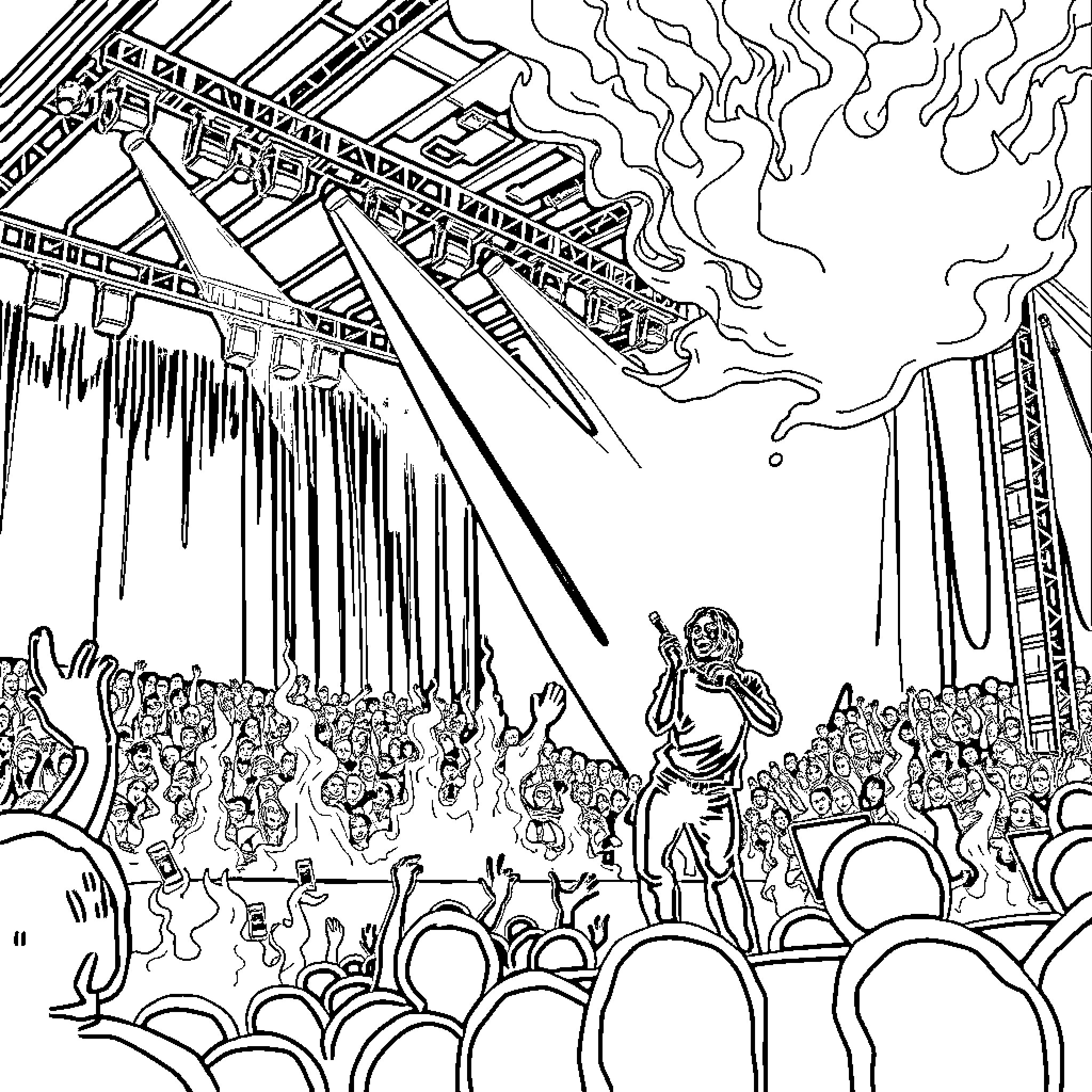Singer entertaining a large concert crowd Coloring Page (free black-and-white line drawing printable PDF for all, from beginners to advanced learners, including children, teens, adults, and seniors)