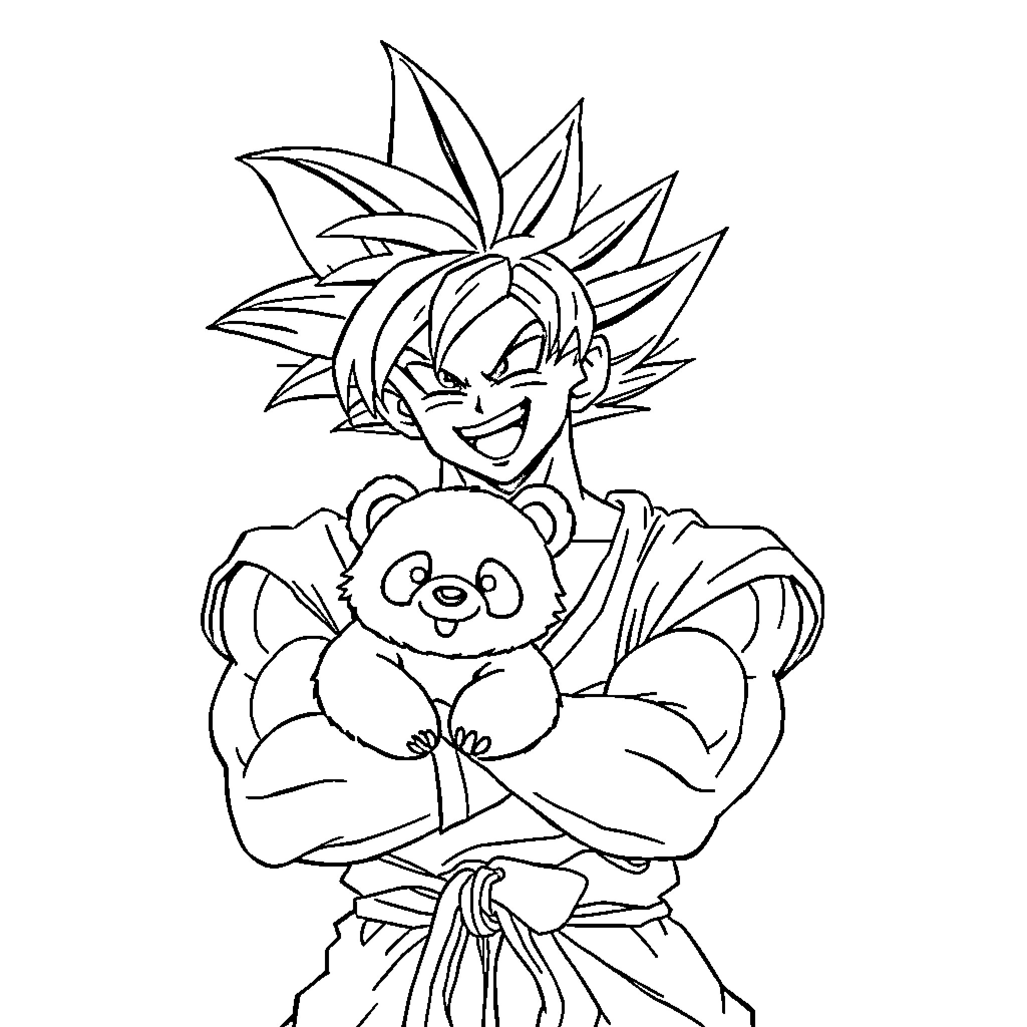 Goku Embracing a Cute Panda Plush Coloring Page (free black-and-white line drawing printable PDF for all, from beginners to advanced learners, including children, teens, adults, and seniors)