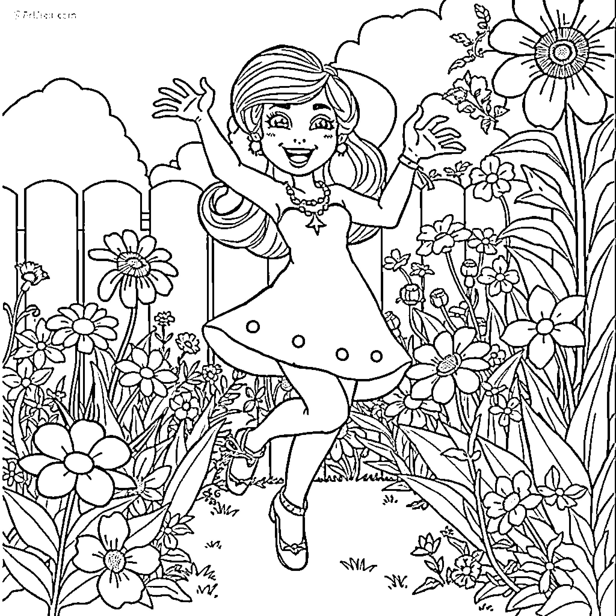Rosita's Joyful Dance in the Flowery Garden Coloring Page (free black-and-white line drawing printable PDF for all, from beginners to advanced learners, including children, teens, adults, and seniors)