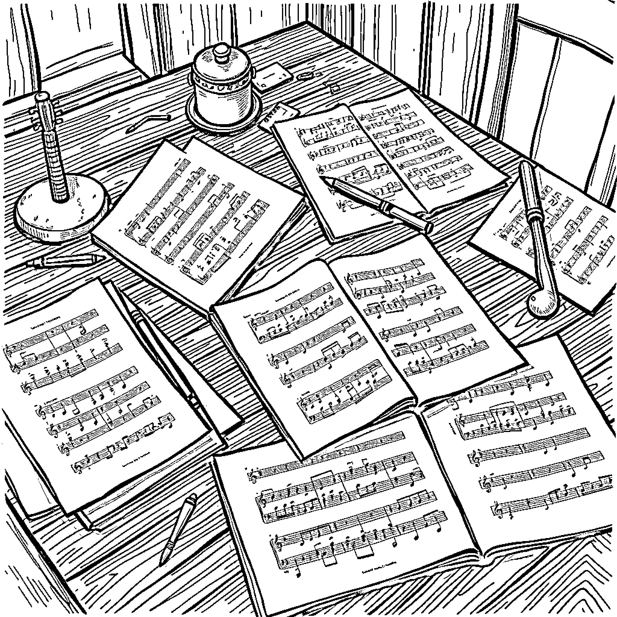 Music Sheet with Scattered Composition Sheets and Instruments Coloring Page (free black-and-white line drawing printable PDF for all, from beginners to advanced learners, including children, teens, adults, and seniors)