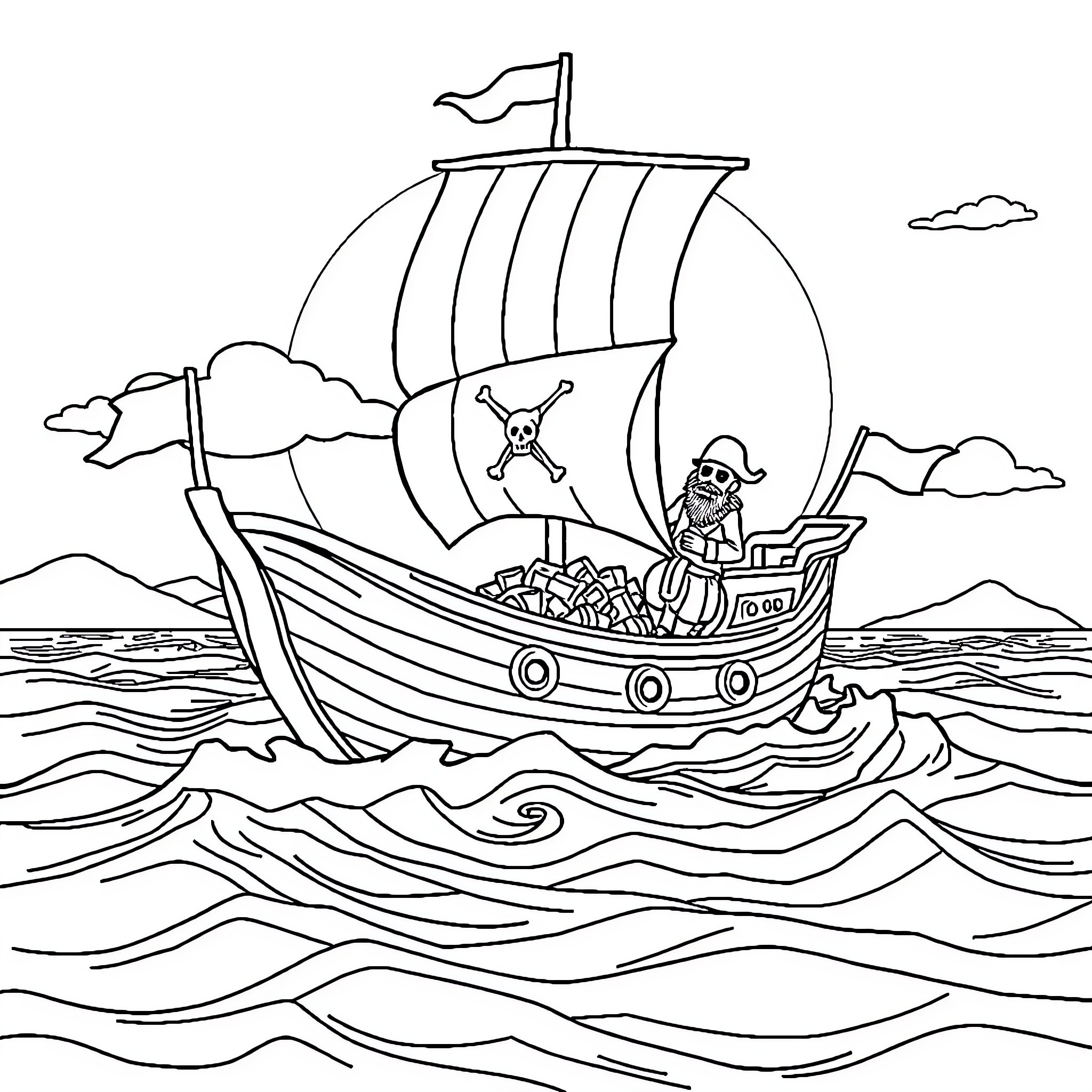 Pirate Ship Sailing the High Seas Coloring Page (free black-and-white line drawing printable PDF for all, from beginners to advanced learners, including children, teens, adults, and seniors)