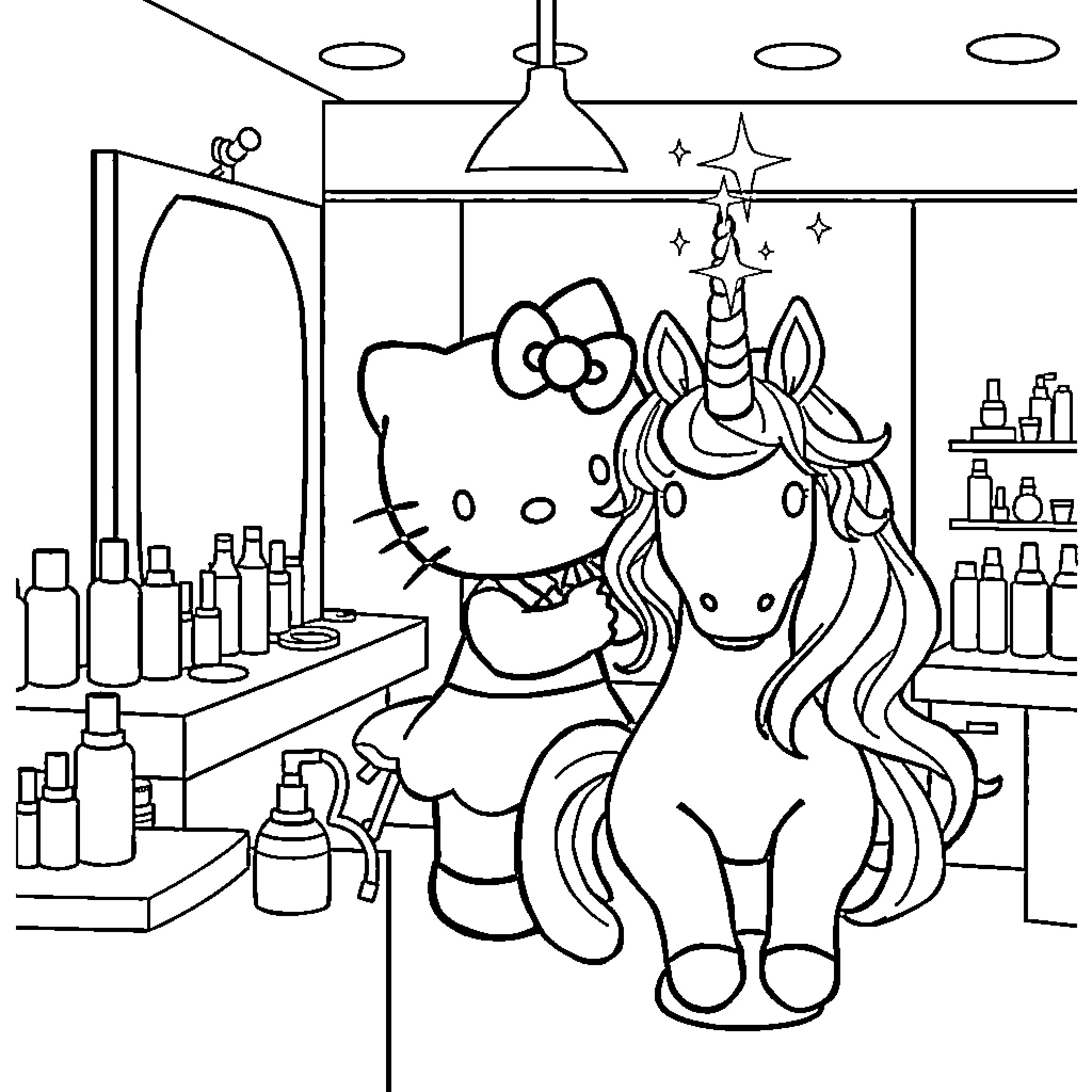Hello Kitty and Unicorn in a Beauty Salon Coloring Page (free black-and-white line drawing printable PDF for all, from beginners to advanced learners, including children, teens, adults, and seniors)