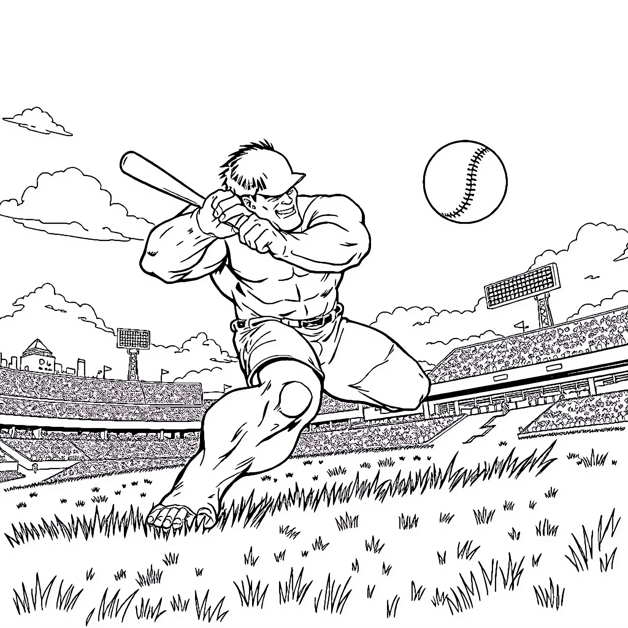 Hulk Smashes It Out of the Park Coloring Page (free black-and-white line drawing printable PDF for all, from beginners to advanced learners, including children, teens, adults, and seniors)