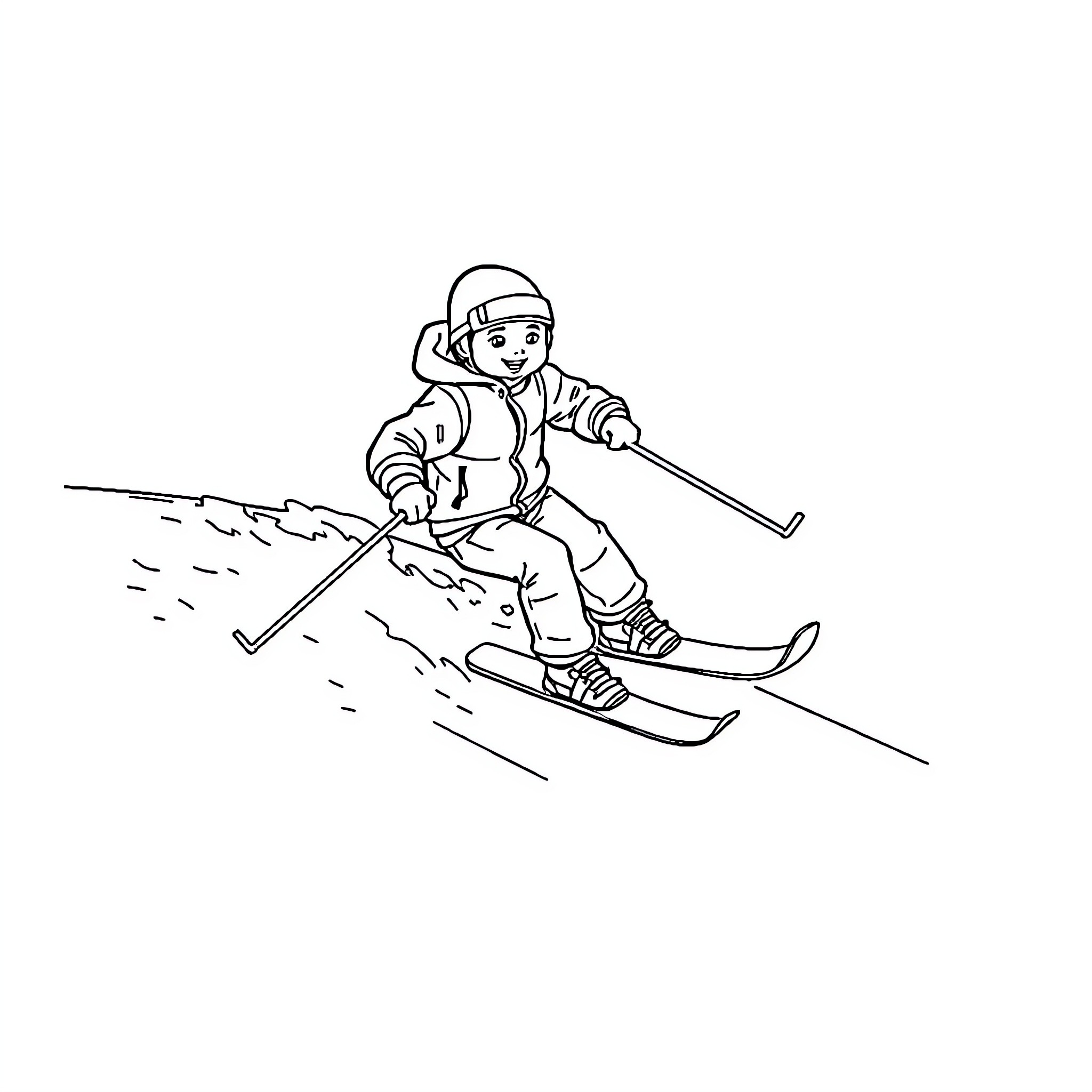 Ruben skiing downhill with enthusiasm Coloring Page (free black-and-white line drawing printable PDF for all, from beginners to advanced learners, including children, teens, adults, and seniors)