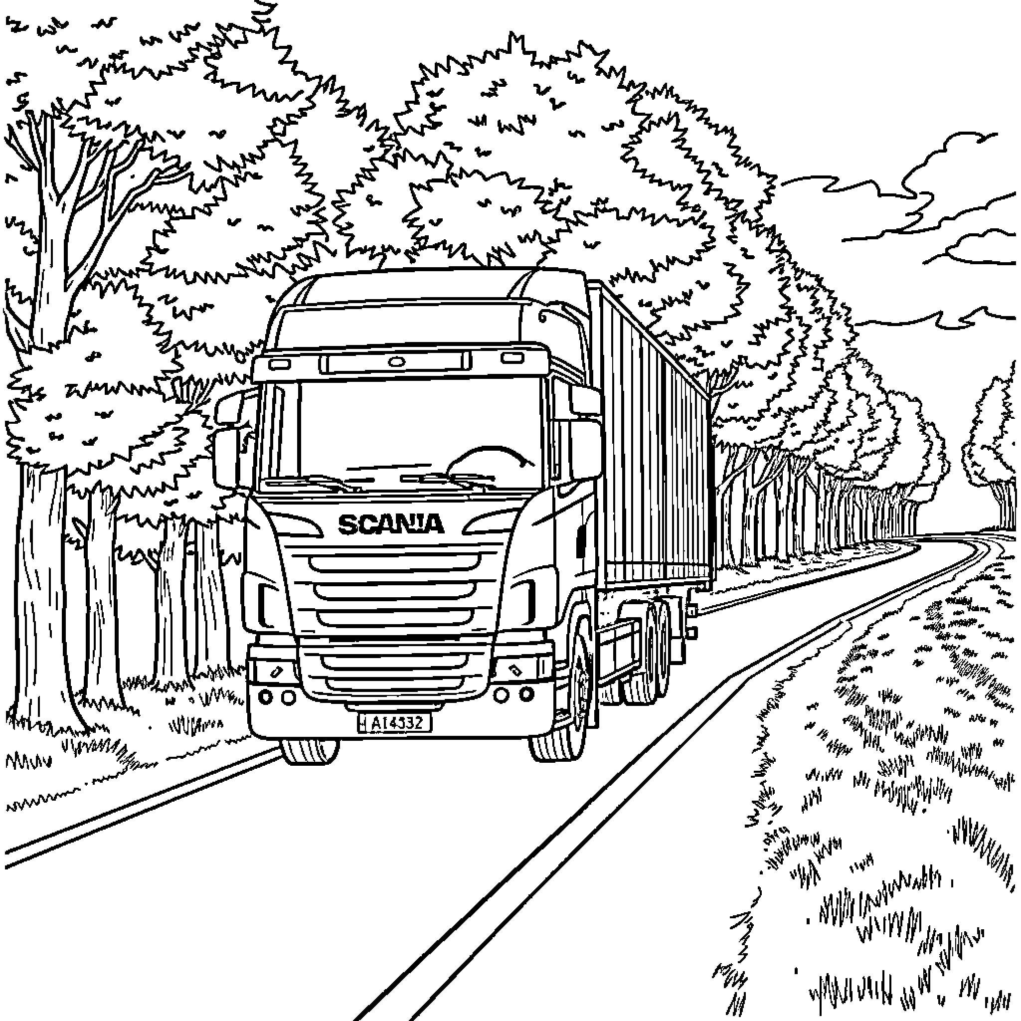 Scania truck transporting goods through forested landscape Coloring Page (free black-and-white line drawing printable PDF for all, from beginners to advanced learners, including children, teens, adults, and seniors)