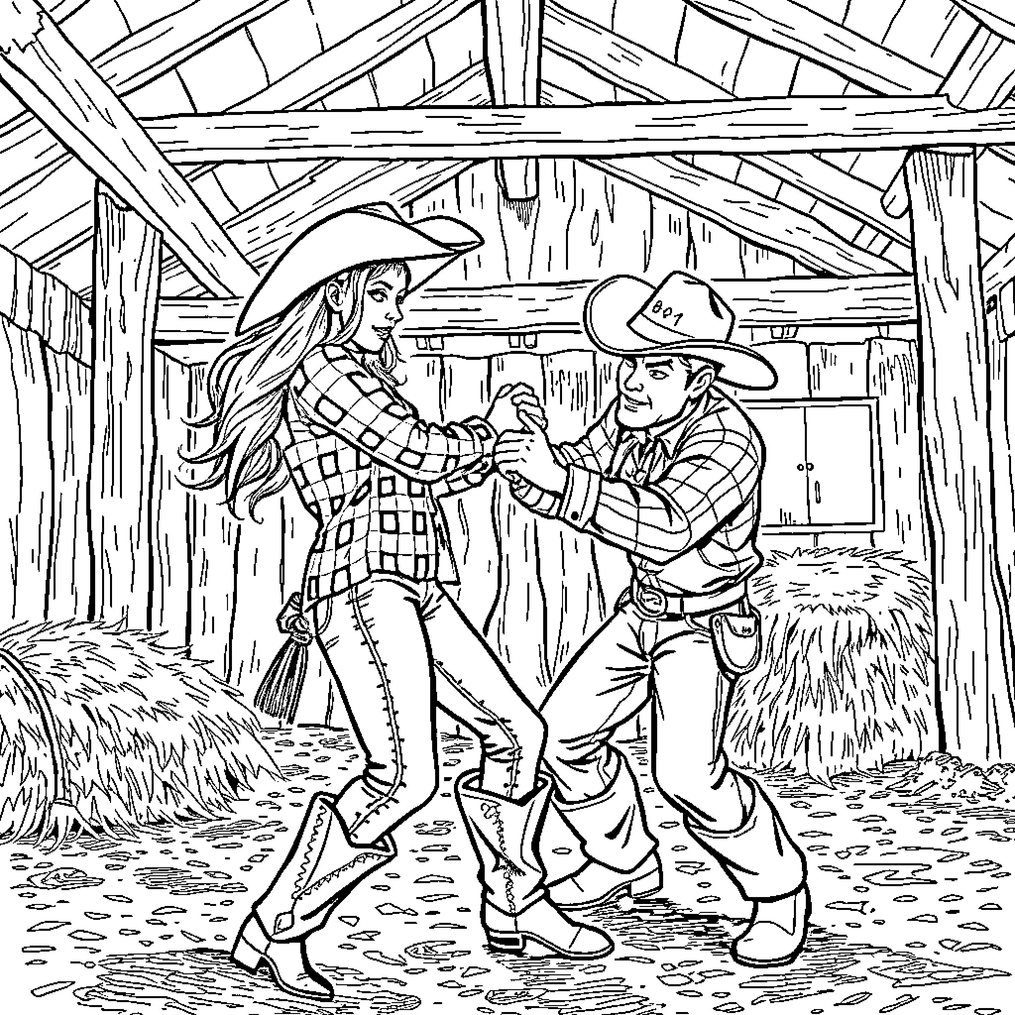 Cowgirl's Dance with Cowboy in Barn Coloring Page (free black-and-white line drawing printable PDF for all, from beginners to advanced learners, including children, teens, adults, and seniors)
