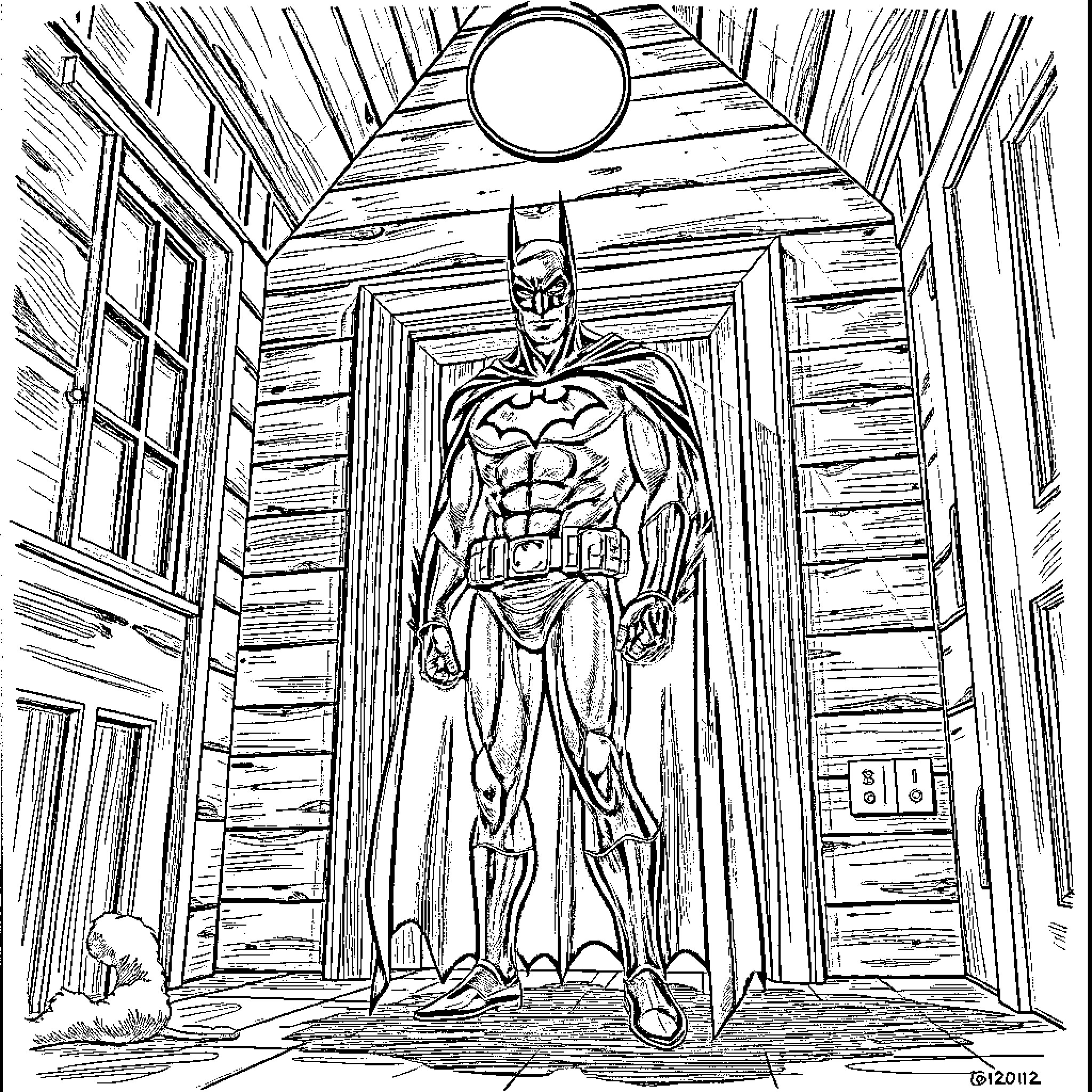 Batman stands tall in a dark, mysterious hallway Coloring Page (free black-and-white line drawing printable PDF for all, from beginners to advanced learners, including children, teens, adults, and seniors)