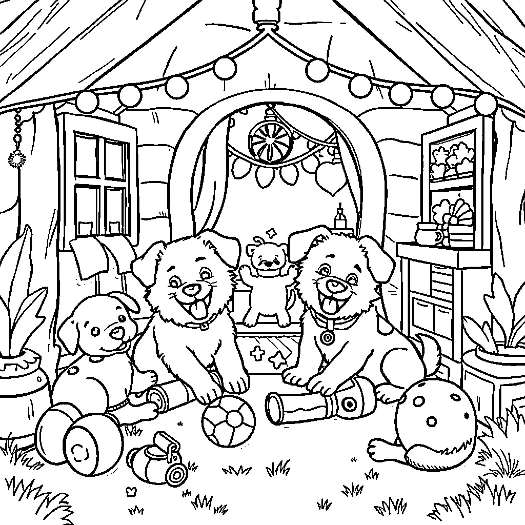 Dogs playing happily in a cozy cabin Coloring Page (free black-and-white line drawing printable PDF for all, from beginners to advanced learners, including children, teens, adults, and seniors)
