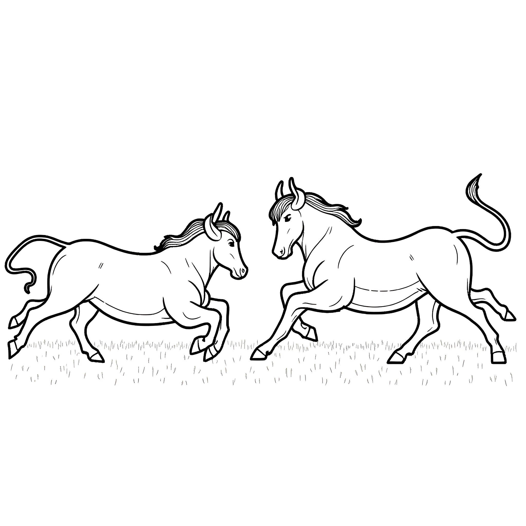 Redbull horses galloping gracefully in the field Coloring Page (free black-and-white line drawing printable PDF for all, from beginners to advanced learners, including children, teens, adults, and seniors)