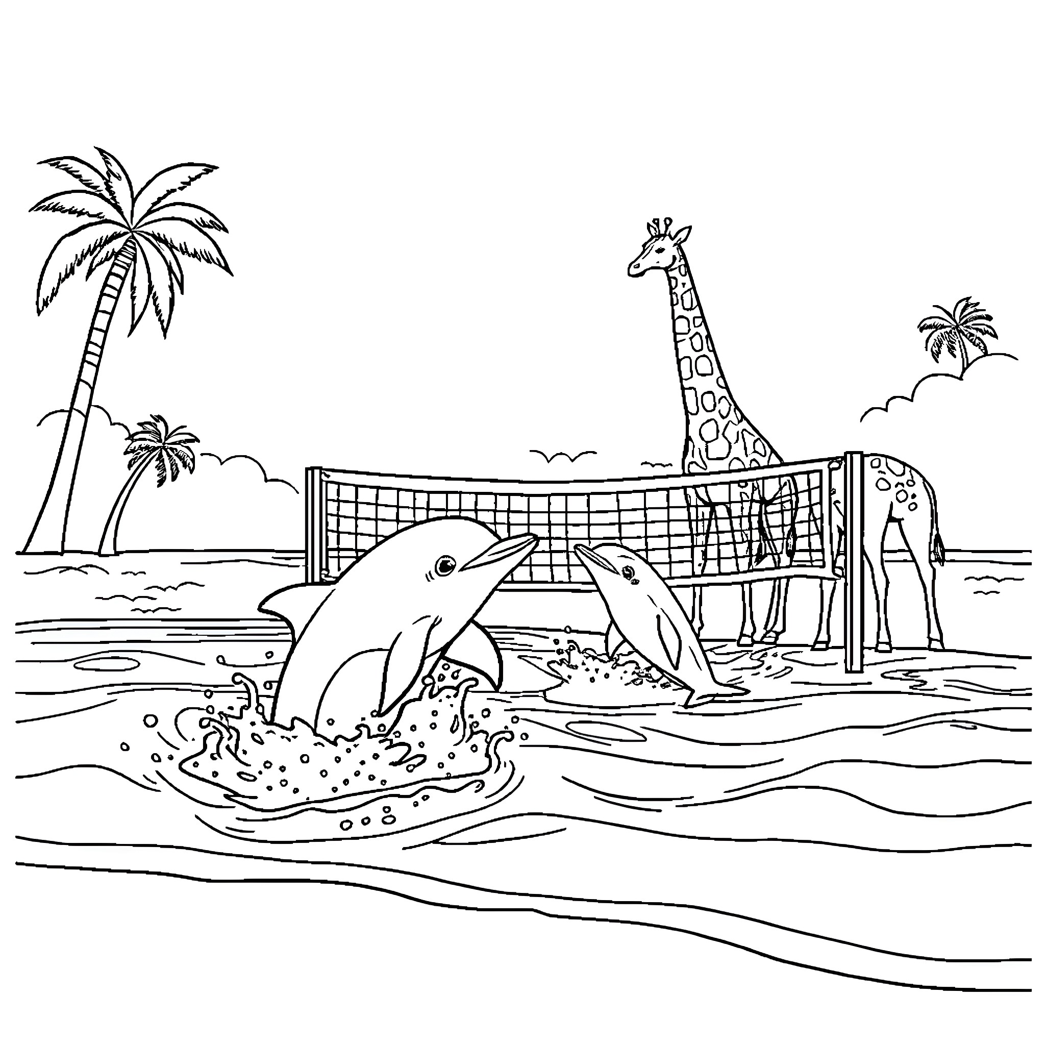 Dolphin playing in the water near beach volleyball court Coloring Page (free black-and-white line drawing printable PDF for all, from beginners to advanced learners, including children, teens, adults, and seniors)