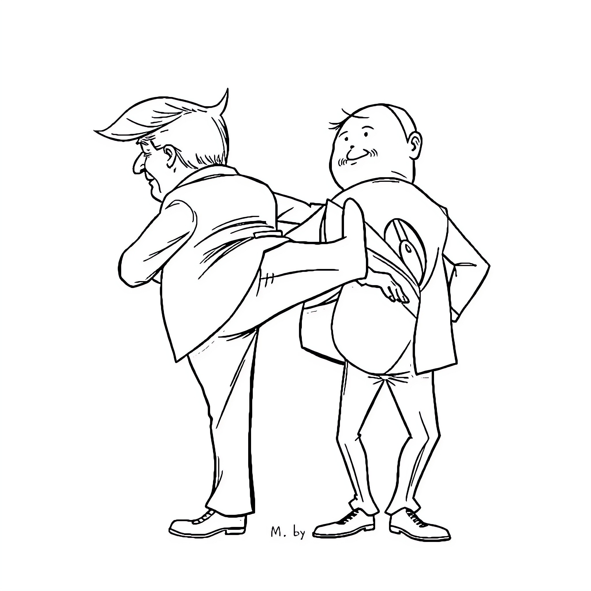 Donald Trump in Comical Handshake with Colleague Coloring Page (free black-and-white line drawing printable PDF for all, from beginners to advanced learners, including children, teens, adults, and seniors)