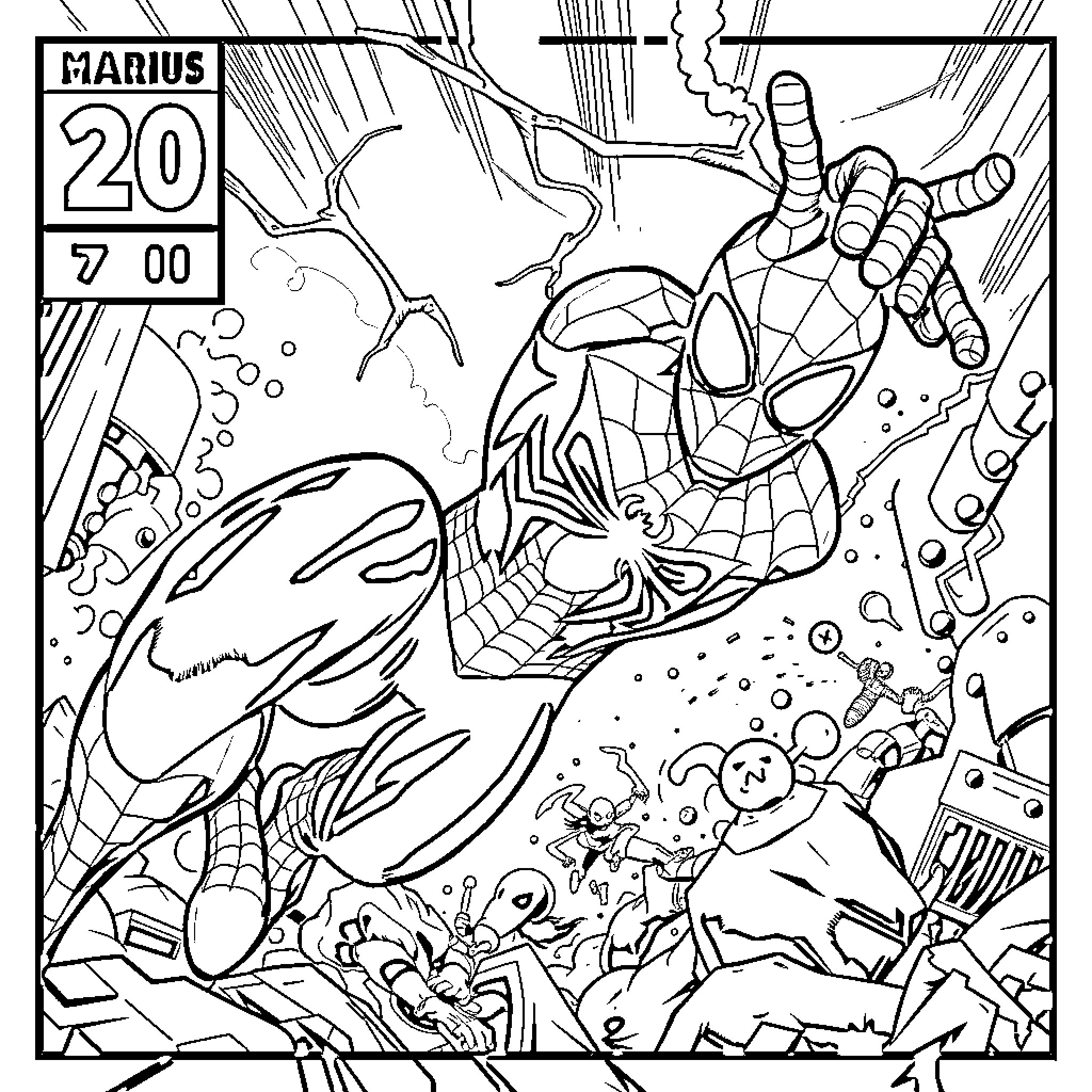 Spider-Man battling enemies in an action-packed scene Coloring Page (free black-and-white line drawing printable PDF for all, from beginners to advanced learners, including children, teens, adults, and seniors)