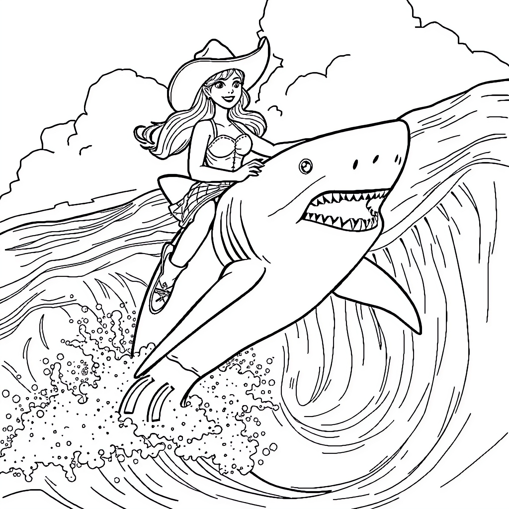 Cowgirl riding a fearsome shark through the waves Coloring Page (free black-and-white line drawing printable PDF for all, from beginners to advanced learners, including children, teens, adults, and seniors)