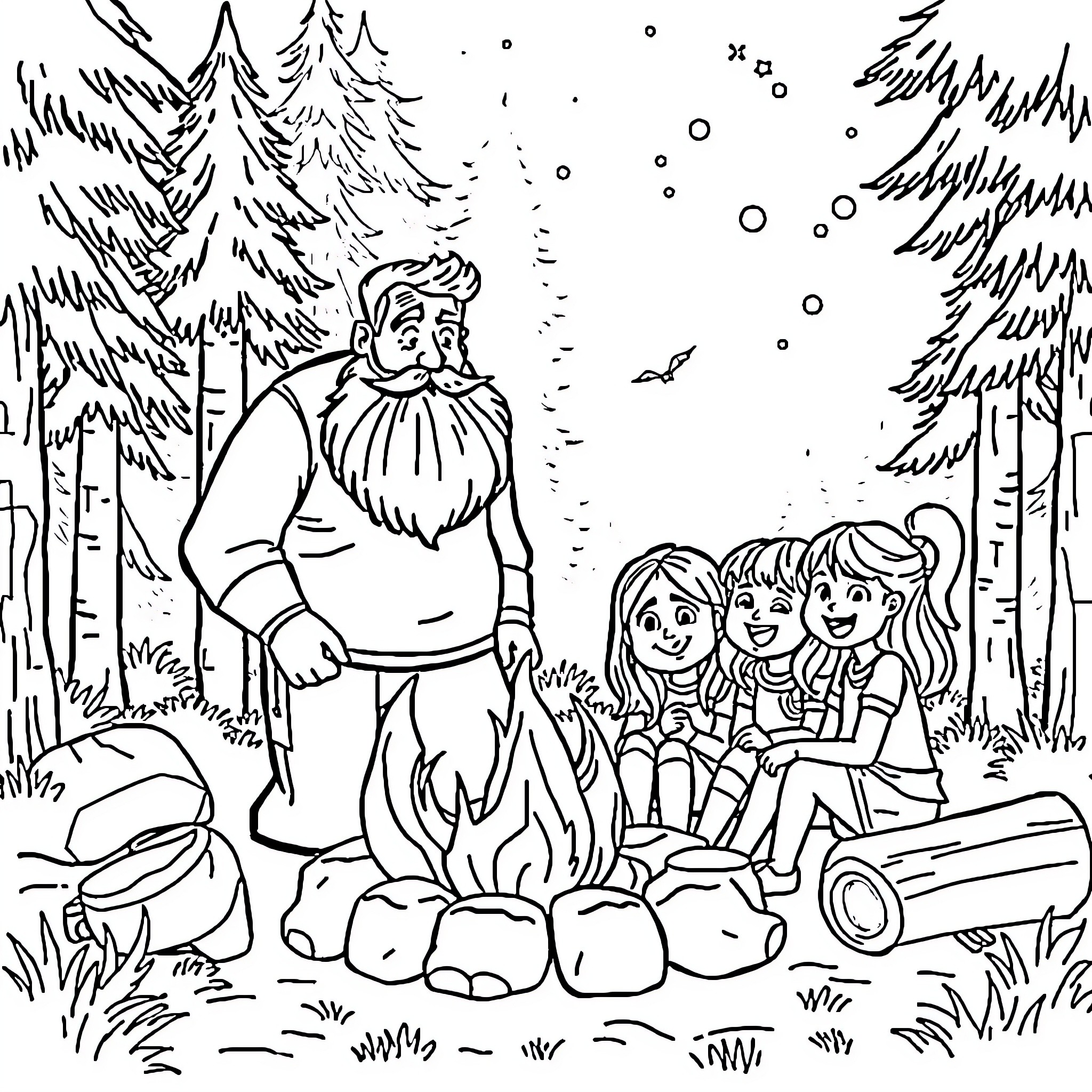 Family Enjoying Outdoor Winter Camping Adventure Coloring Page (free black-and-white line drawing printable PDF for all, from beginners to advanced learners, including children, teens, adults, and seniors)