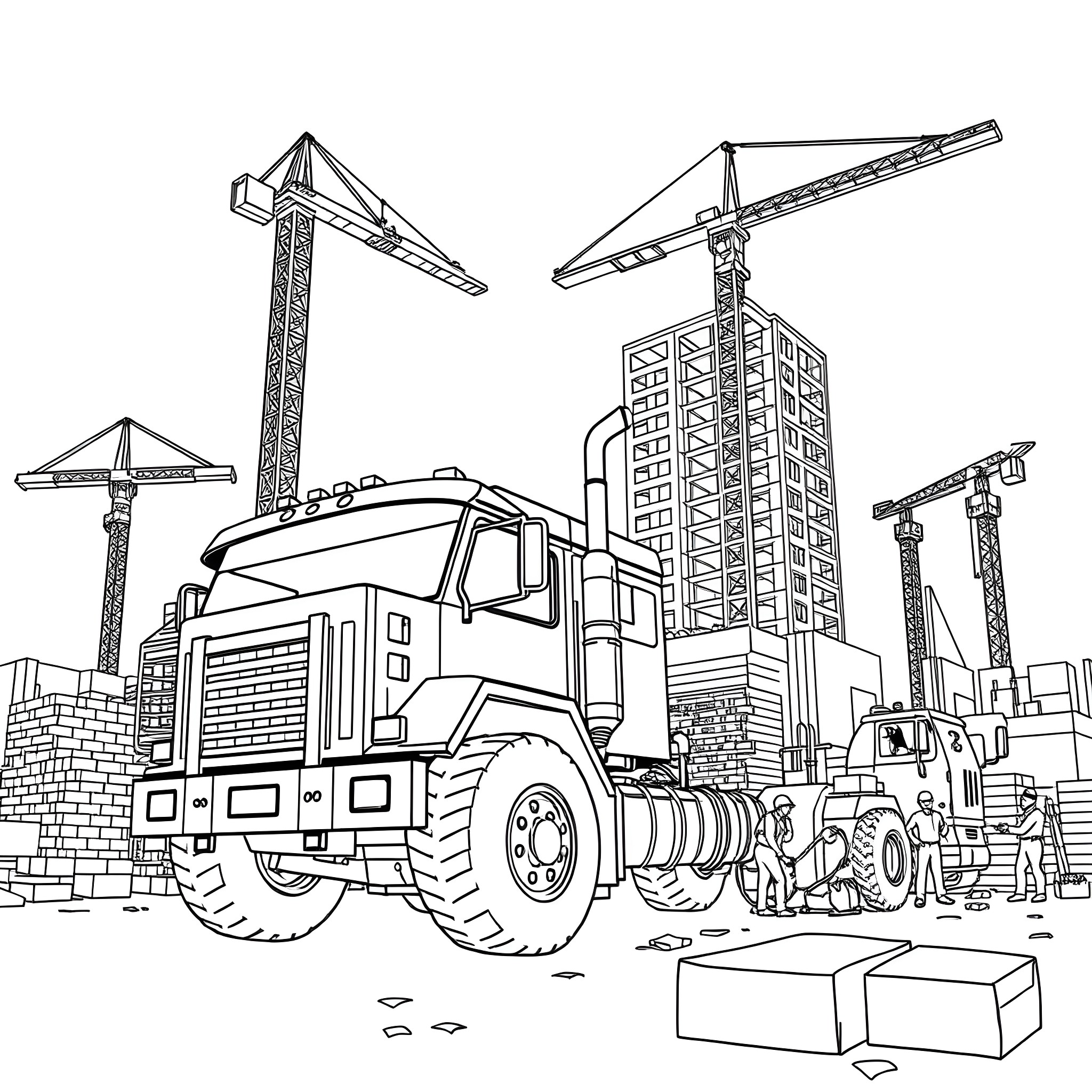Truck on Construction Site with Cranes Coloring Page (free black-and-white line drawing printable PDF for all, from beginners to advanced learners, including children, teens, adults, and seniors)