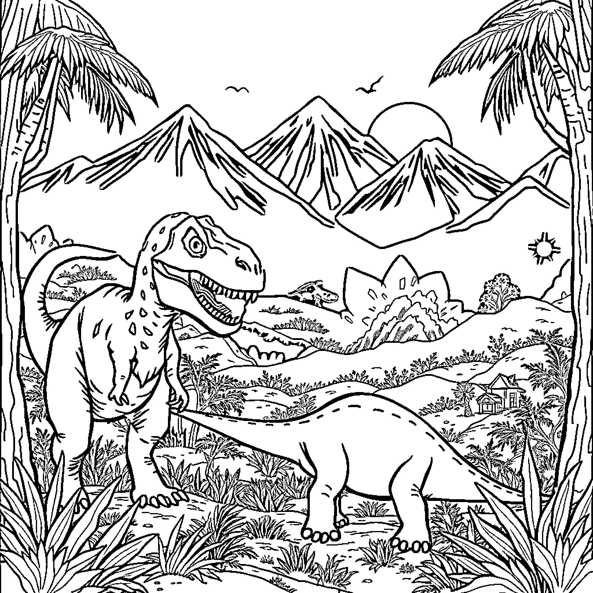 Dinosaurs in a Prehistoric Landscape Coloring Page (free black-and-white line drawing printable PDF for all, from beginners to advanced learners, including children, teens, adults, and seniors)