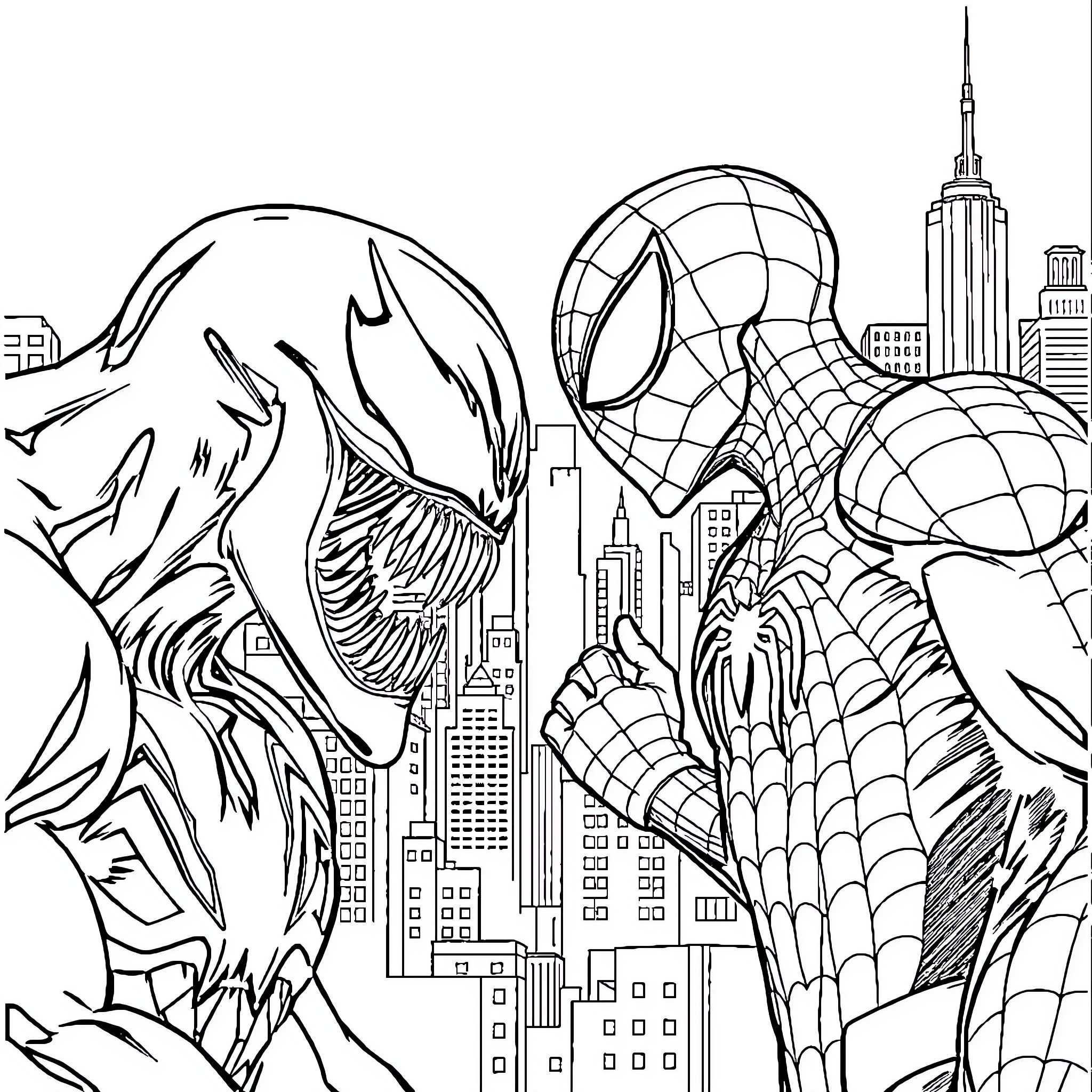 Venom and Spider-Man battling in the city Coloring Page (free black-and-white line drawing printable PDF for all, from beginners to advanced learners, including children, teens, adults, and seniors)