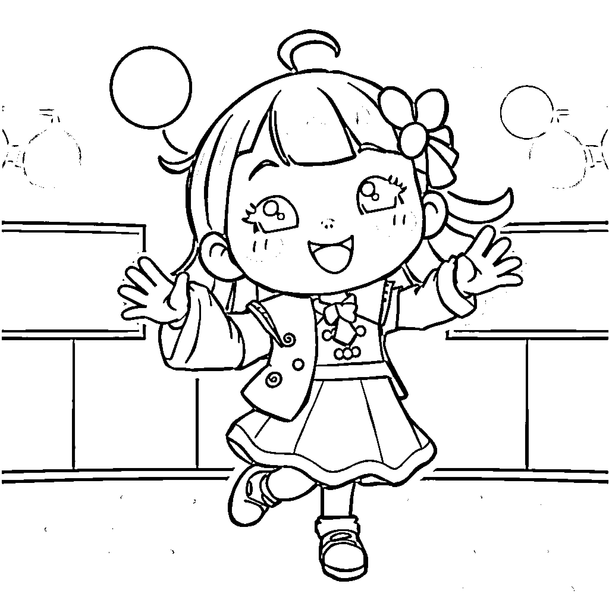 ROUMI - Cheerful girl in colorful outfit Coloring Page (free black-and-white line drawing printable PDF for all, from beginners to advanced learners, including children, teens, adults, and seniors)