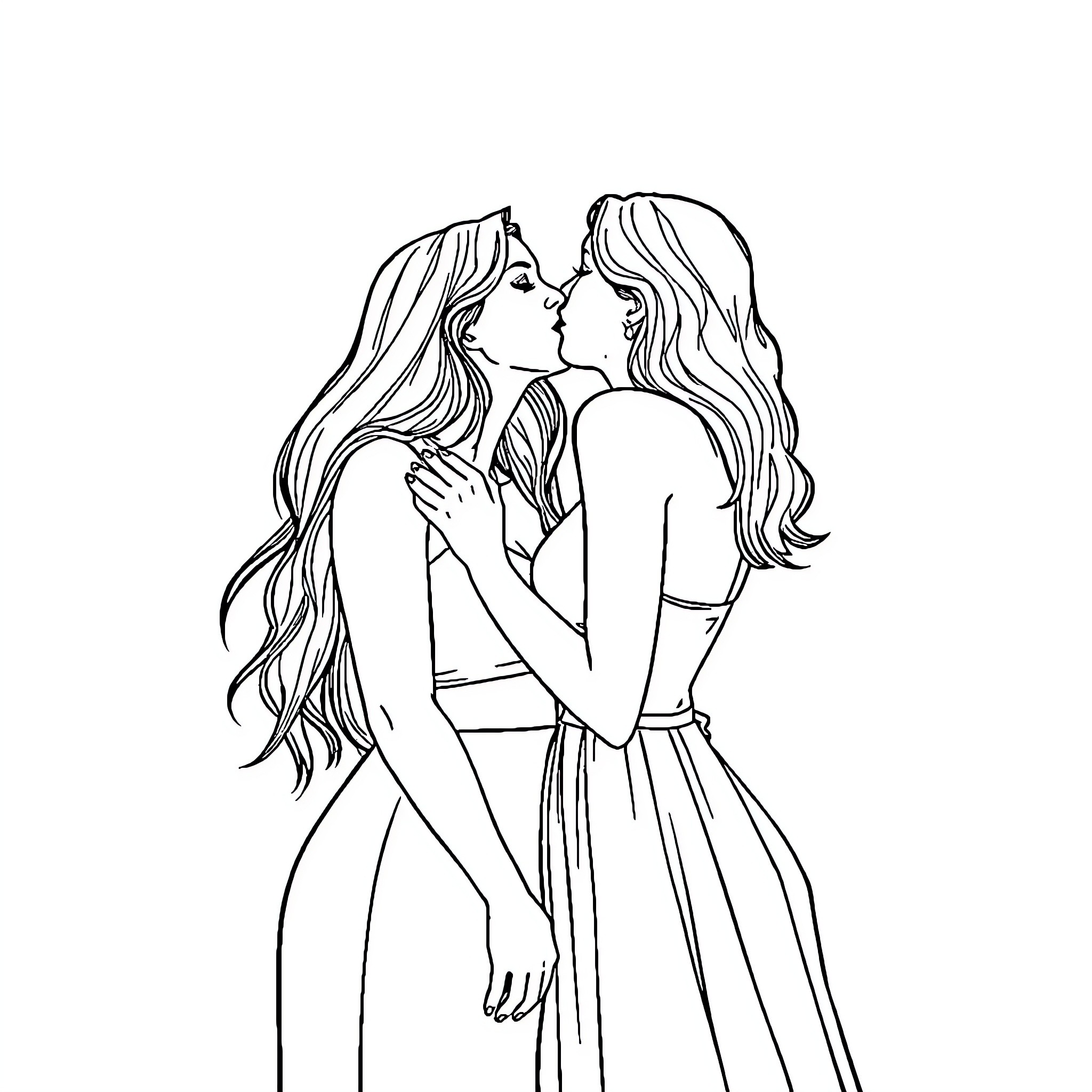 Woman embracing with affection in intimate moment Coloring Page (free black-and-white line drawing printable PDF for all, from beginners to advanced learners, including children, teens, adults, and seniors)