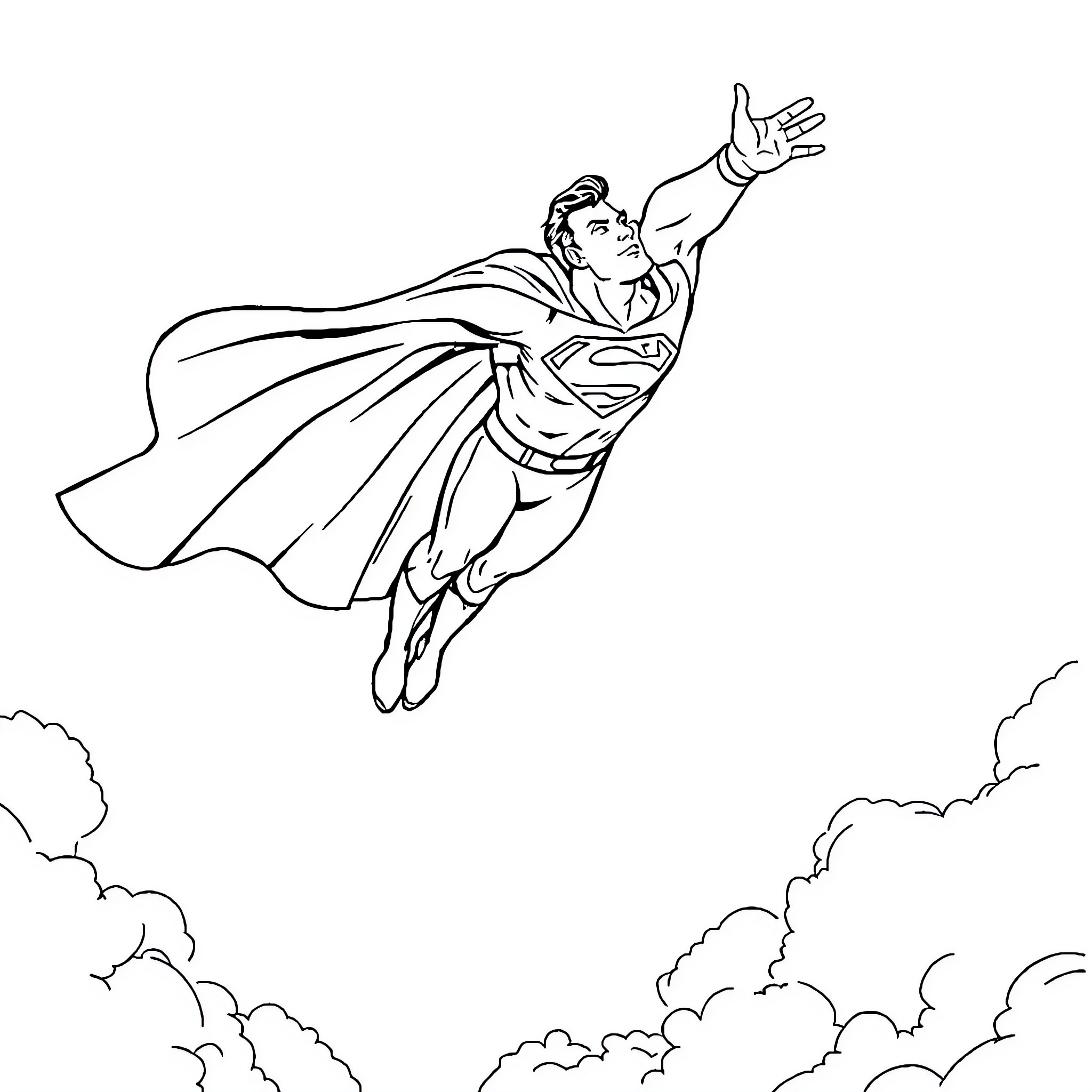 Superman flying through the clouds with outstretched arms Coloring Page (free black-and-white line drawing printable PDF for all, from beginners to advanced learners, including children, teens, adults, and seniors)