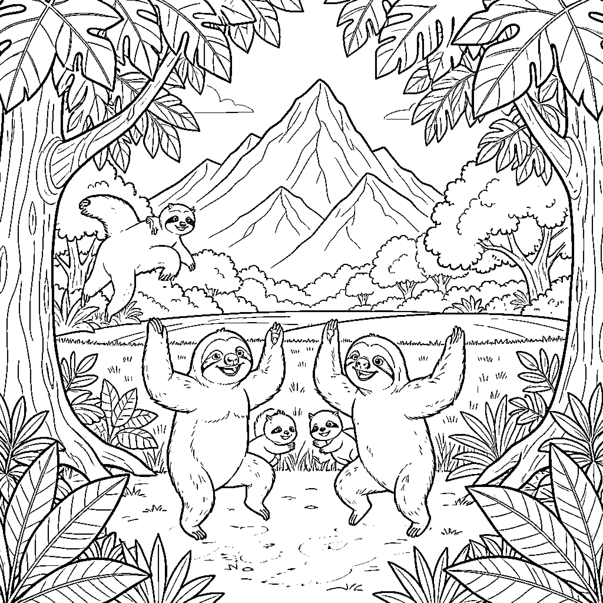 Sloth family playing in the tropical forest Coloring Page (free black-and-white line drawing printable PDF for all, from beginners to advanced learners, including children, teens, adults, and seniors)