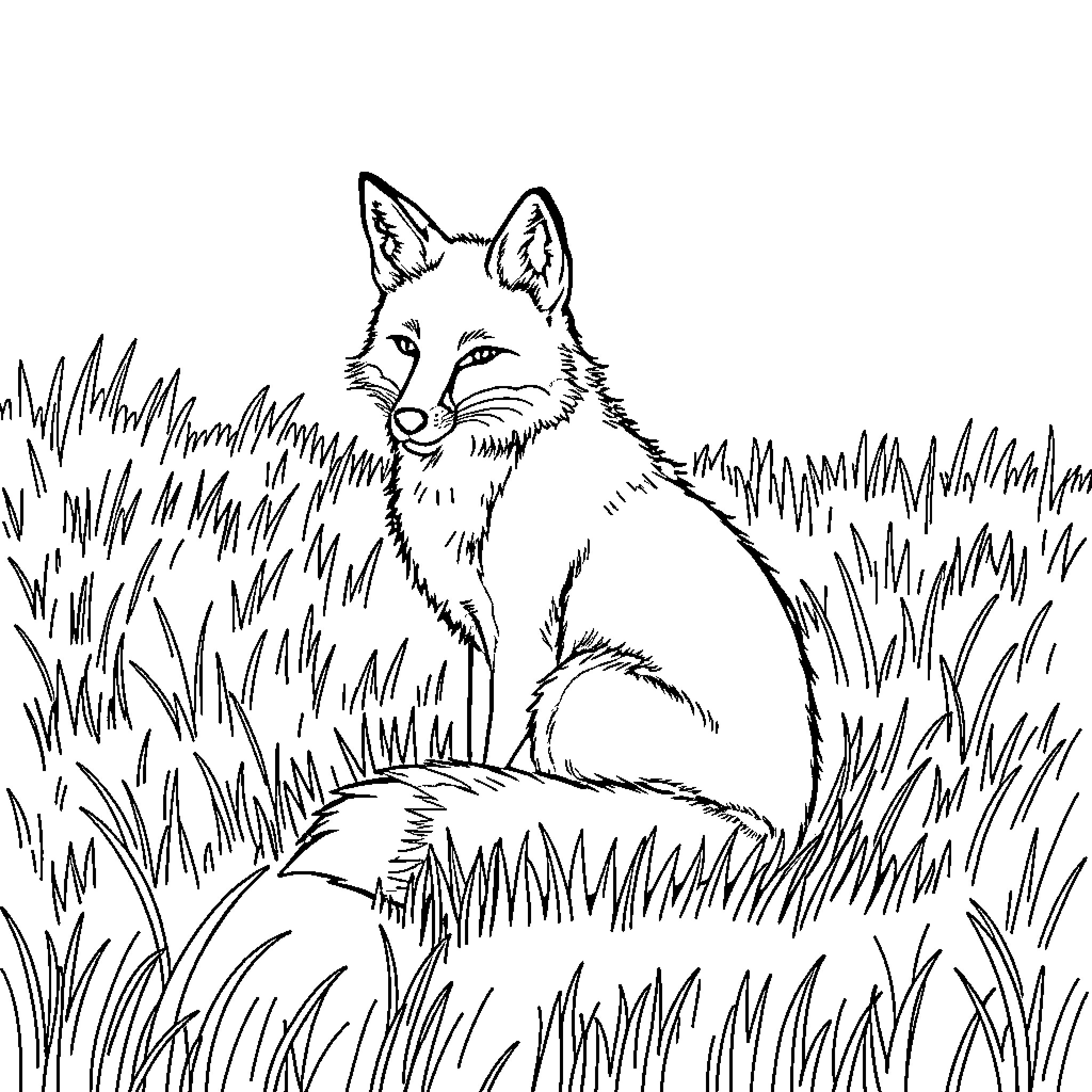 Fox resting calmly in the tall grass Coloring Page (free black-and-white line drawing printable PDF for all, from beginners to advanced learners, including children, teens, adults, and seniors)