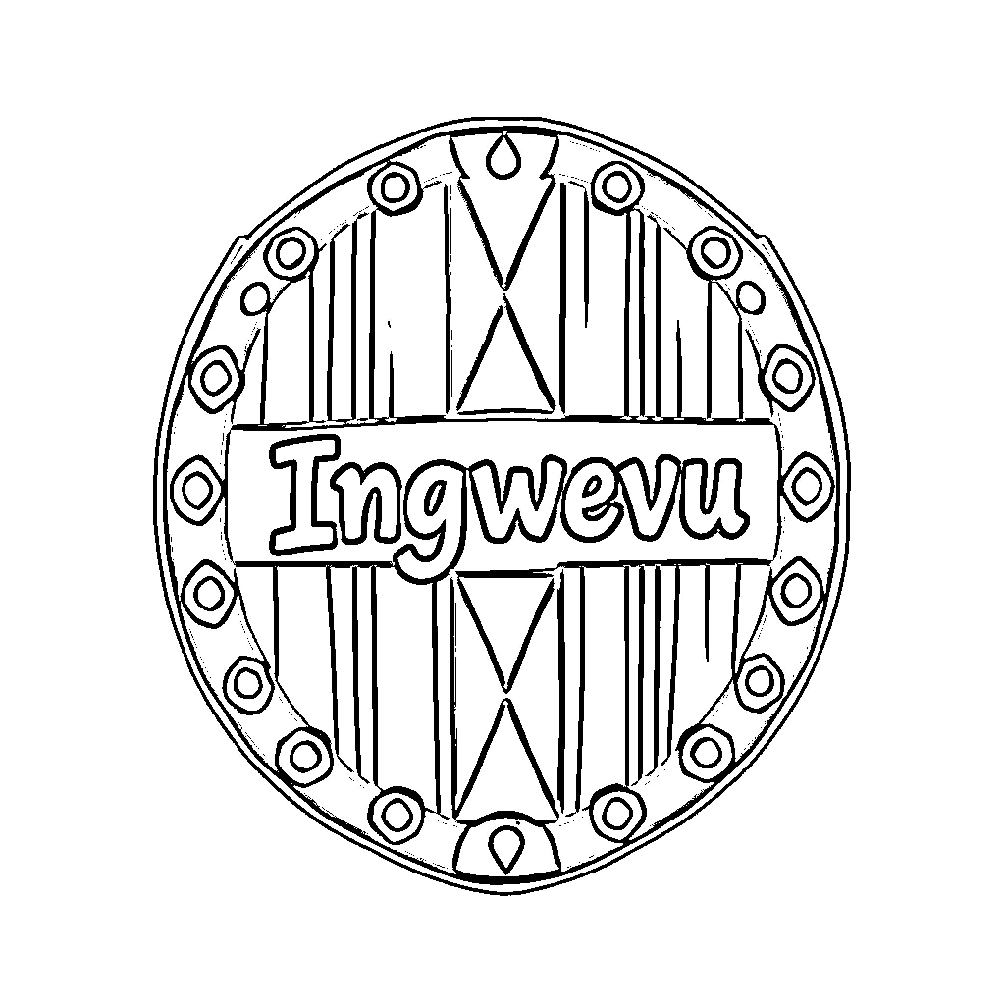 Shield with Ingwevu text and geometric patterns Coloring Page (free black-and-white line drawing printable PDF for all, from beginners to advanced learners, including children, teens, adults, and seniors)