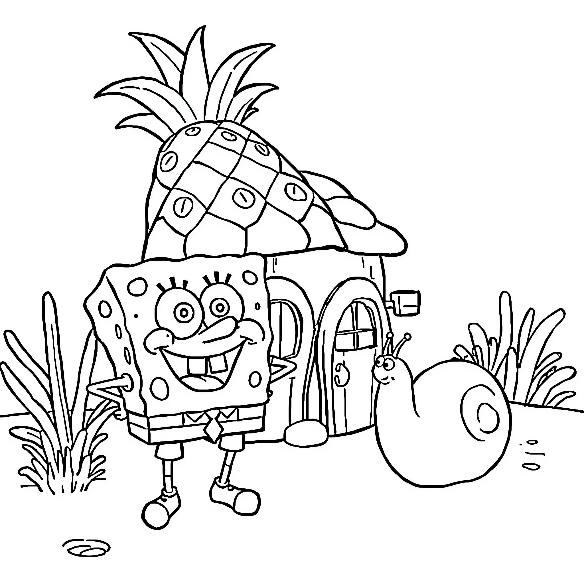 Spongebob and his pineapple house in the ocean Coloring Page (free black-and-white line drawing printable PDF for all, from beginners to advanced learners, including children, teens, adults, and seniors)